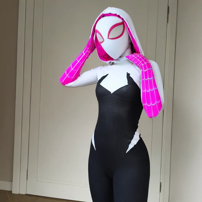 SpiderGwen, 1 girl, mask, alone, looking at viewer, pov, spiderman, costume