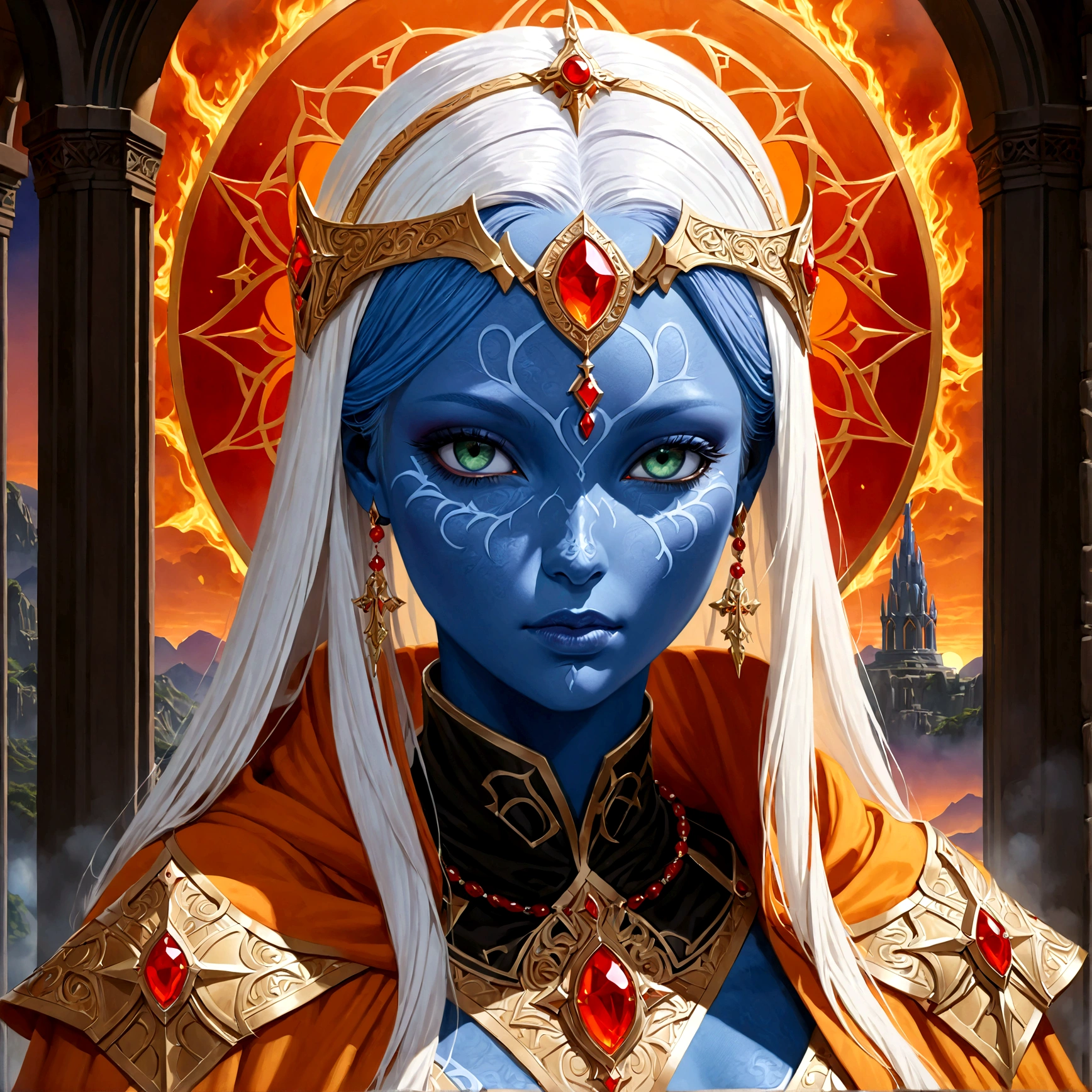 fantasy art, dnd art, RPG art, wide shot, (masterpiece: 1.4) a (portrait: 1.3) intense details, highly detailed, photorealistic, best quality, highres, portrait a female (fantasy art, Masterpiece, best quality: 1.3) ((blue skin: 1.5)), intense details facial details, exquisite beauty, (fantasy art, Masterpiece, best quality) cleric, (blue skinned: 1.3) female, white hair, long hair, (((no ears: 1.5))), (green eyes: 1.3), armed with a fiery sword red fire, wearing (twilight priestly combat vestments: 1.5), wearing high heeled laced boots, wearing an (orange cloak:1.3), wearing glowing holy symbol GlowingRunes_yellow, within fantasy temple background, reflection light, high details, best quality, 16k, [ultra detailed], masterpiece, best quality, (extremely detailed), close up, ultra wide shot, photorealistic, RAW, fantasy art, dnd art, fantasy art, realistic art,((best quality)), ((masterpiece)), (detailed), perfect face, Cinematic Hollywood Film style