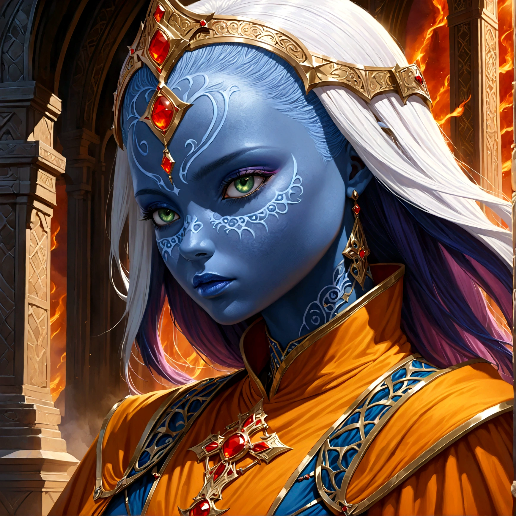 fantasy art, dnd art, RPG art, wide shot, (masterpiece: 1.4) a (portrait: 1.3) intense details, highly detailed, photorealistic, best quality, highres, portrait a female (fantasy art, Masterpiece, best quality: 1.3) ((blue skin: 1.5)), intense details facial details, exquisite beauty, (fantasy art, Masterpiece, best quality) cleric, (blue skinned: 1.3) female, white hair, long hair, (((no ears: 1.5))), (green eyes: 1.3), armed with a fiery sword red fire, wearing (twilight priestly combat vestments: 1.5), wearing high heeled laced boots, wearing an (orange cloak:1.3), wearing glowing holy symbol GlowingRunes_yellow, within fantasy temple background, reflection light, high details, best quality, 16k, [ultra detailed], masterpiece, best quality, (extremely detailed), close up, ultra wide shot, photorealistic, RAW, fantasy art, dnd art, fantasy art, realistic art,((best quality)), ((masterpiece)), (detailed), perfect face, Cinematic Hollywood Film style