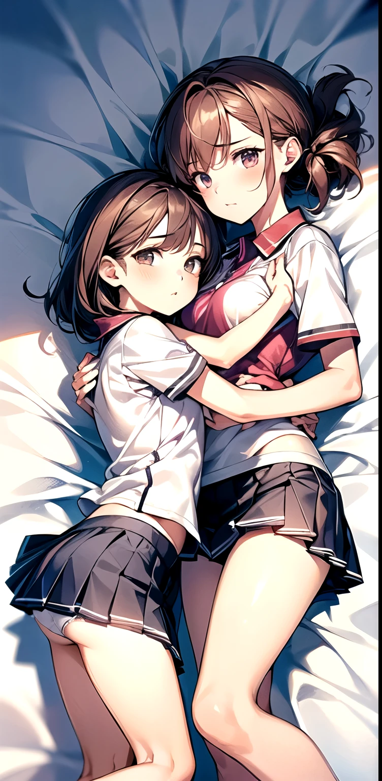 missionary position vaginal sex,(((having vaginal sex))), (((two girls))),delicate and cute girls with brown hair,((tennis wear)),(((tennis uniform))),(((tennis player))),((()))、16years、Super8K Ultra High Definition、Delicate texture、 Medium Hair、flat chest、(((pleated mini skirt)))、(((Wear a tennis uniform)))、,Plain clothes,spreading her legs,exposed panties,nsfw,middle breast,in hotel,lying down on the bed,spreading legs open wide with knees bent,creating the shape of the letter M,(((detailed race white panties))),Two 16 year old girls hugging、The lower part of the chest is emphasized and exposed..、The breasts are wet with milk、、zoom、Glowing Skin 5.your breasts will grow、Realistically(((.two s lying ))、(((two 14-year-old girlr'Chest seen from behind)))、(Hold me close to your heart)、your breasts will grow、Wear a T-shirt.Wearing pink panties、(two Striking a sexy pose),penis,penis insert(((pink taste tennis uniform))),showing armpit