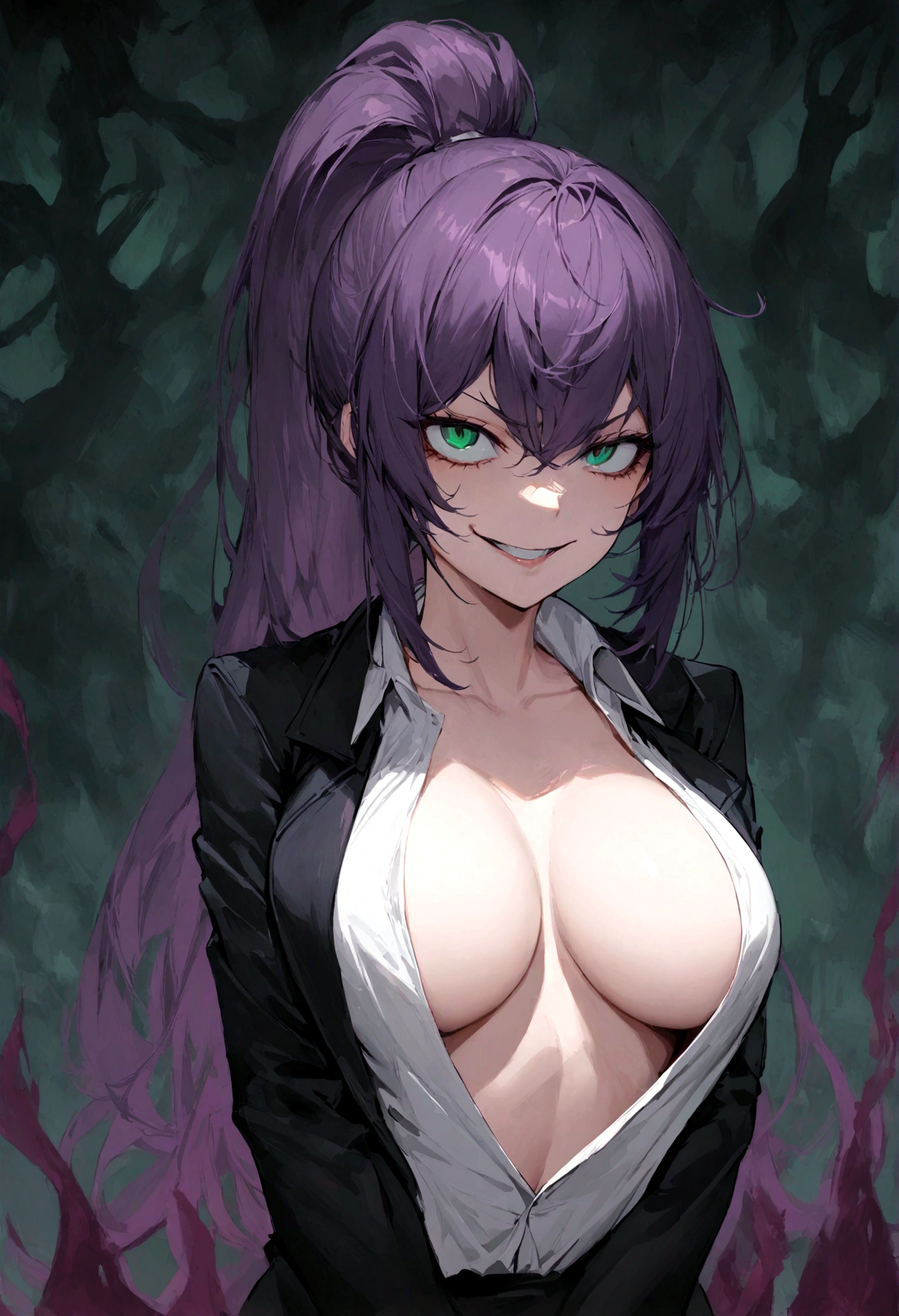 young woman, long straight dark purple hair, high ponytail, few strands of hair at the side of her face sharp emerald green eyes,black jacket, white shirt,  large breast, cowboy shot, volumptios body, open shirt, evil smile, dark aura, monster controlling the woman