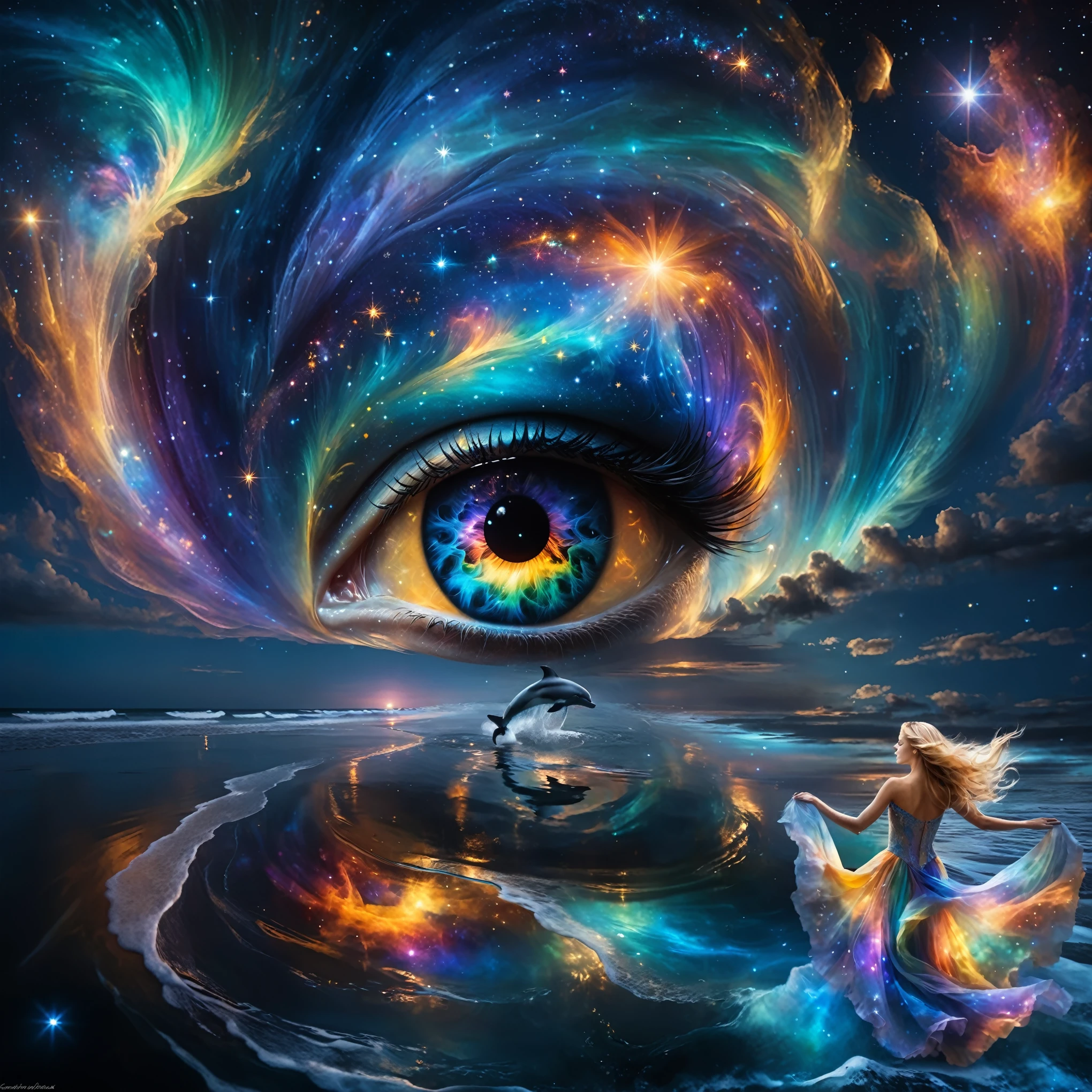 la nuit en haut un œil de verre attire le regard avec son iris hypnotique, il se fond dans l'espace environnant, strewn with stars, de nébuleuses et de poussières cosmiques, vue de haut de trois quart :une ravissante et sensuelle blonde vêtue d'une robe translucide comme du verre aux couleurs irisées et tourbillonnantes fusionnant avec l'écume regardant Un dauphin qui saute et éclabousse dans l'océan transparent comme gu de verre qui reflète l'espace strewn with stars, de nébuleuses et de poussières cosmiques, ethereal atmosphere, Best quality, high resolution, ultra fin, Realistic photo : 1,37, couleurs vibrantes dans une palette de rêve, doux clair de lune brillant à la surface de l'eau, creating celestial light. The surface of the ocean is sparkling, lush and symmetrically reflects the sparkling nebulae and luminous astral bodies dot the scene, creating a dreamlike vision of the universe merging with the sea.