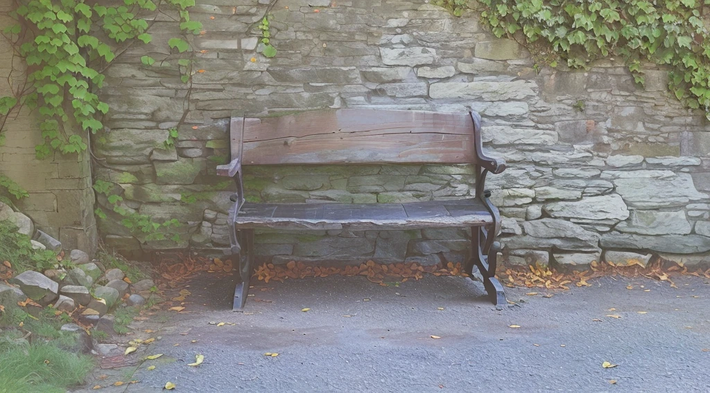 there is a wooden bench sitting in front of a stone wall, bench, well worn, rustic, benches, a wooden, 1 8 century, sit on a bench, worn, gwyn, sitting, antique piece, sitting down, various posed, an 9 4, little, , doran, stone pews, shaded, oak, antique, photographed