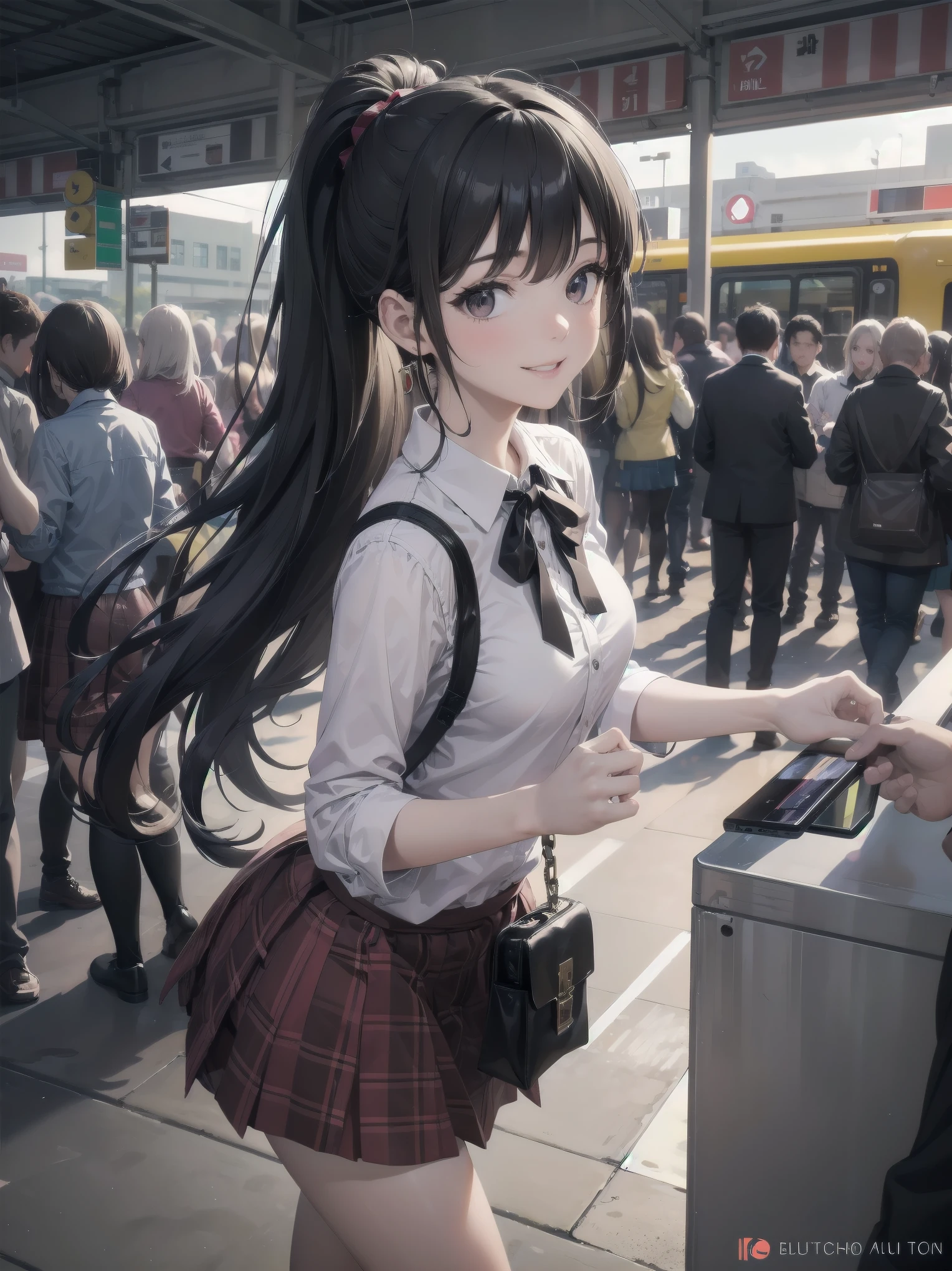 Masterpiece, high quality, high resolution, semi-realistic, 2.5D, perfect anatomy, super-detailed and detailed illustrations, sfw,
Subject: pretty, crowd.
Subtitle: {long black hair in ponytail}, {red checked skirt and white blouse}, {smiling in crowd}, {station platform}, {glowing smile}, {high sensitivity camera, f/1.4, 1/500 sec, ISO 800, subject tracking auto focus}
A beautiful girl with long black hair pulled back in a ponytail stands on a busy station platform. Wearing a red checked skirt and white blouse, she smiles at the crowd. Her radiant smile is so attractive that it makes you forget the hustle and bustle of the surroundings. In the background, hurrying commuters come and go, giving the city a lively atmosphere. Shot with a high-sensitivity camera at f/1.4 aperture, shutter speed 1/500 s at ISO 800, the beautiful girl is clearly captured in the crowd by the subject tracking autofocus function. The blurring of the people in the background makes her stand out as if she were in the spotlight.