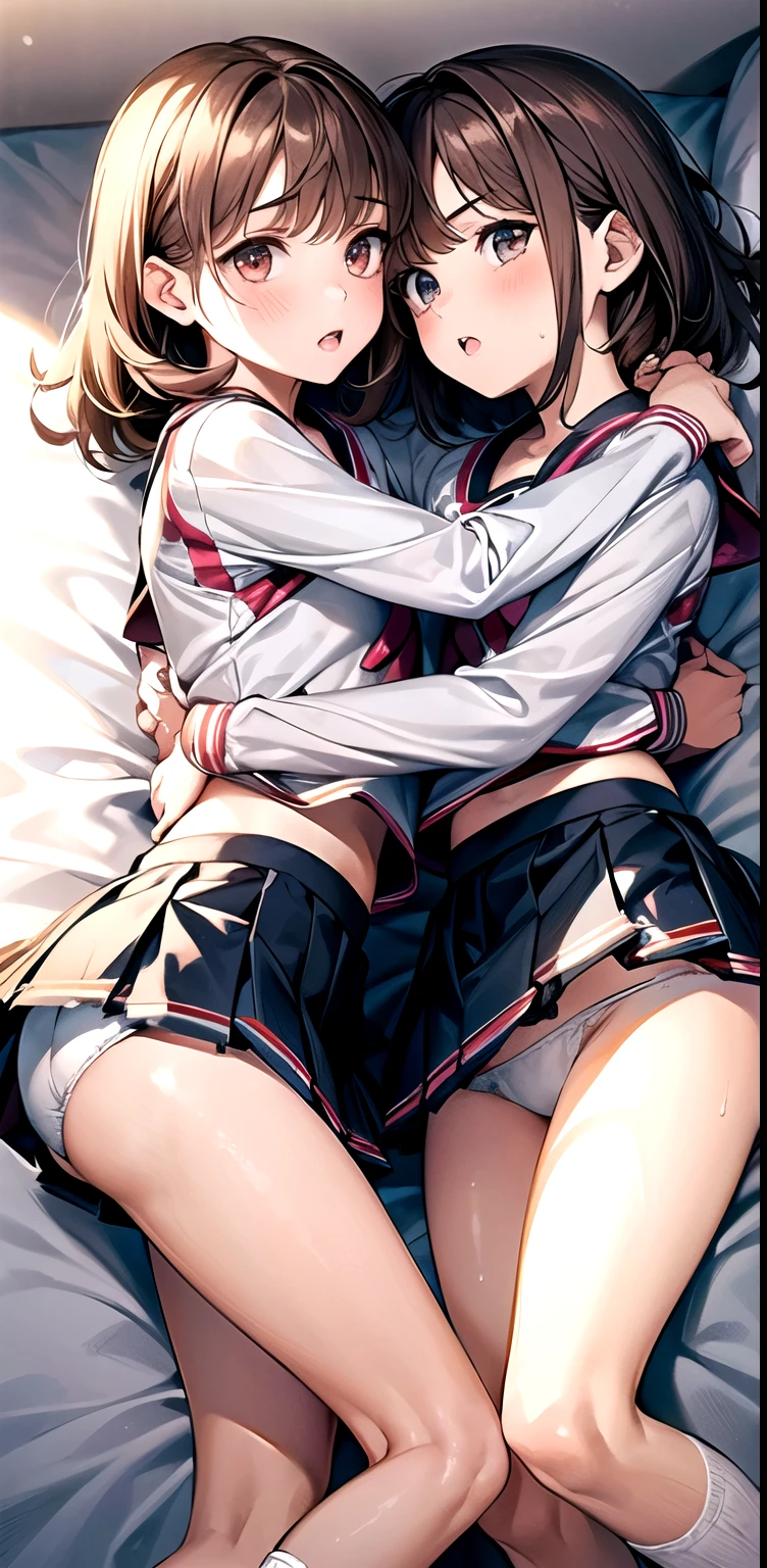 missionary position vaginal sex,(((having vaginal sex))), (((two girls))),delicate and cute girls with brown hair,((cheerleaders)),(((cheerleading uniform))),(((cheergirls))),(((cheergirls uniform)))、years、Super8K Ultra High Definition、Delicate texture、 Medium Hair、flat chest、(((pleated mini skirt)))、(((Wear a cheerleading uniform)))、,Plain clothes,spreading her legs,exposed panties,nsfw,middle breast,in hotel,lying down on the bed,spreading legs open wide with knees bent,creating the shape of the letter M,(((detailed race white panties))),Two 16irls hugging、The lower part of the chest is emphasized and exposed..、The breasts are wet with milk、、zoom、Glowing Skin 5.your breasts will grow、Realistically(((.two 14-year-old gls g ))、two 14-year-old girls grabacherhest seen from behind)))、(Hold me close to your heart)、your breasts will grow、Wear a T-shirt.Wearing pink panties、(two Striking a sexy pose),penis,penis insert(((pink taste cheerleading uniform))),showing armpit