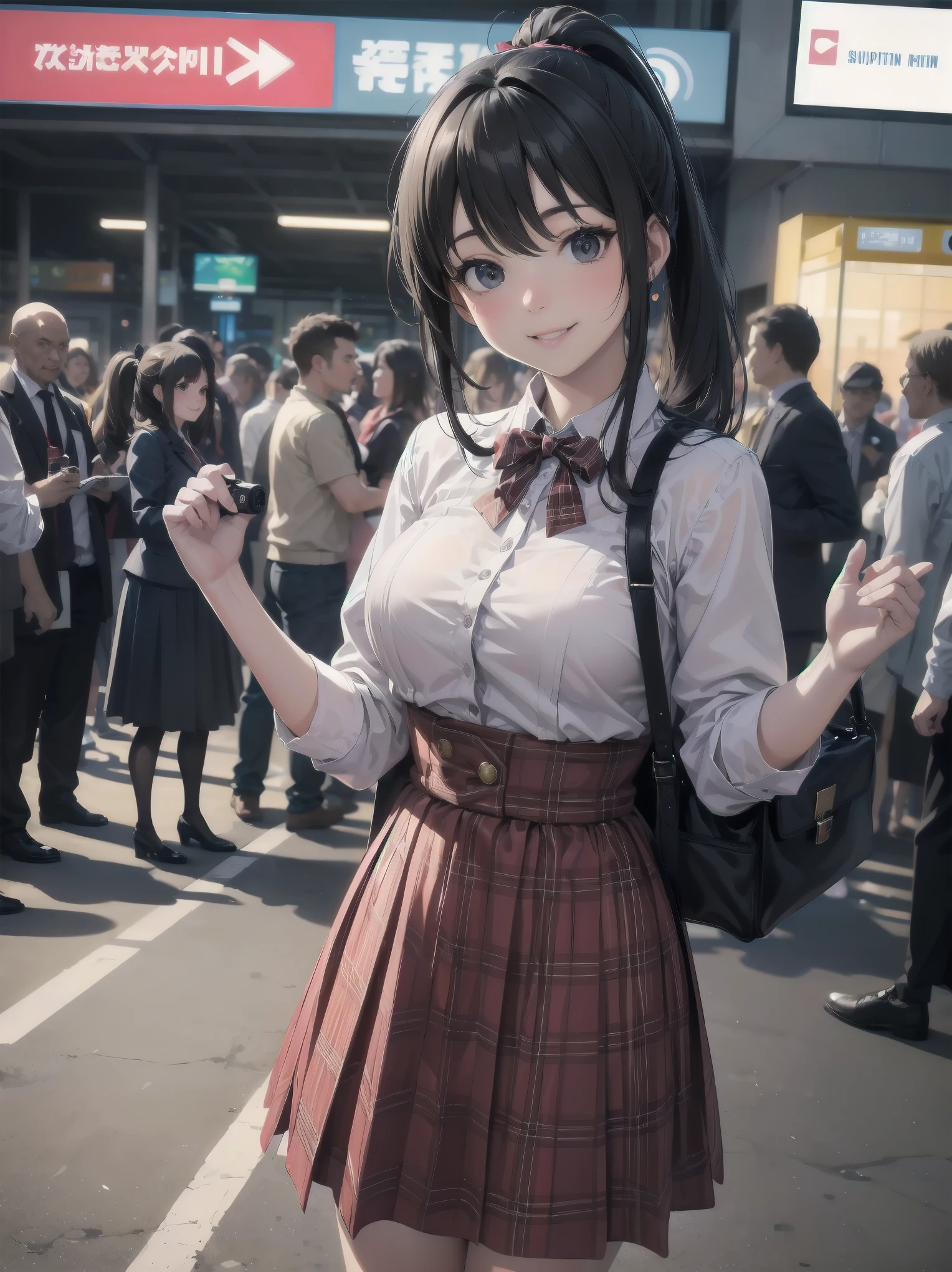 Masterpiece, high quality, high resolution, semi-realistic, 2.5D, perfect anatomy, super-detailed and detailed illustrations, sfw,
Subject: pretty, crowd.
Subtitle: {long black hair in ponytail}, {red checked skirt and white blouse}, {smiling in crowd}, {station platform}, {glowing smile}, {high sensitivity camera, f/1.4, 1/500 sec, ISO 800, subject tracking auto focus}
A beautiful girl with long black hair pulled back in a ponytail stands on a busy station platform. Wearing a red checked skirt and white blouse, she smiles at the crowd. Her radiant smile is so attractive that it makes you forget the hustle and bustle of the surroundings. In the background, hurrying commuters come and go, giving the city a lively atmosphere. Shot with a high-sensitivity camera at f/1.4 aperture, shutter speed 1/500 s at ISO 800, the beautiful girl is clearly captured in the crowd by the subject tracking autofocus function. The blurring of the people in the background makes her stand out as if she were in the spotlight.