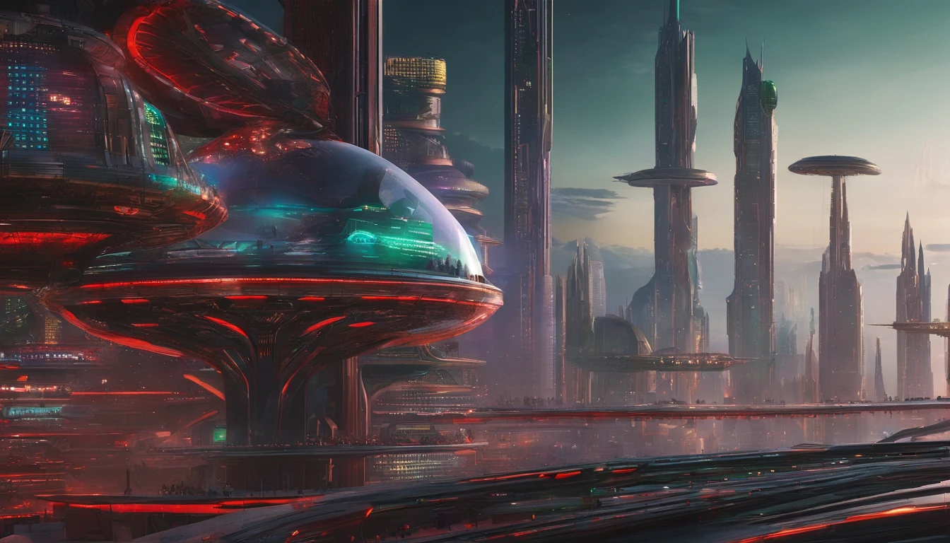 A stunning 3D render of a futuristic cityscape set in the distant reaches of space. The magnificent metropolis has a massive golden figure "🏎️⚡🚀" woven into its design, and everything is shaped like a planet. The city is adorned with opulence, including a translucent diamond shield protecting its inhabitants from the unknown beyond. The color palette includes metallic reds, greens, and golds, evoking both Earthly terrains and interstellar oceans. Towering skyscrapers dominate the scene, with a central tower that stands out like a celestial fortress. The style and concept pay homage to the works of Larry Niven, creating a cinematic, conceptual masterpiece that showcases vibrant glass architecture and captures the essence of a thriving interstellar civilization.