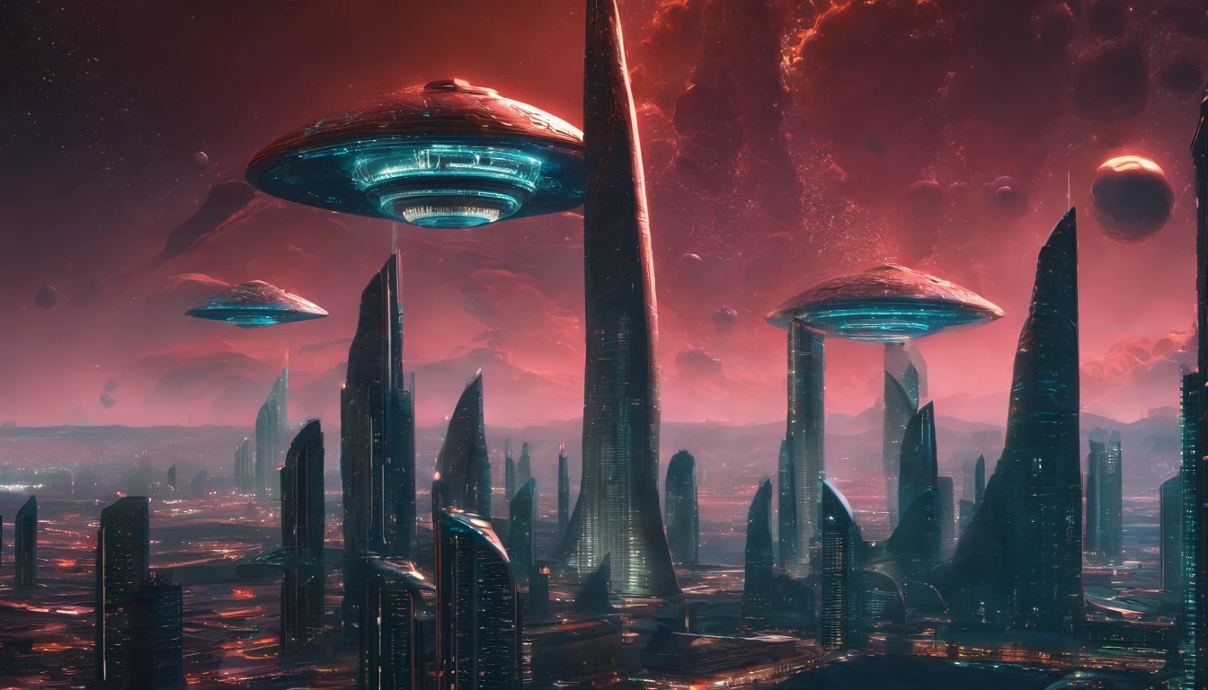 A stunning 3D render of a futuristic cityscape set in the distant reaches of space. The magnificent metropolis has a massive golden figure "🏎️⚡🚀" woven into its design, and everything is shaped like a planet. The city is adorned with opulence, including a translucent diamond shield protecting its inhabitants from the unknown beyond. The color palette includes metallic reds, greens, and golds, evoking both Earthly terrains and interstellar oceans. Towering skyscrapers dominate the scene, with a central tower that stands out like a celestial fortress. The style and concept pay homage to the works of Larry Niven, creating a cinematic, conceptual masterpiece that showcases vibrant glass architecture and captures the essence of a thriving interstellar civilization.
