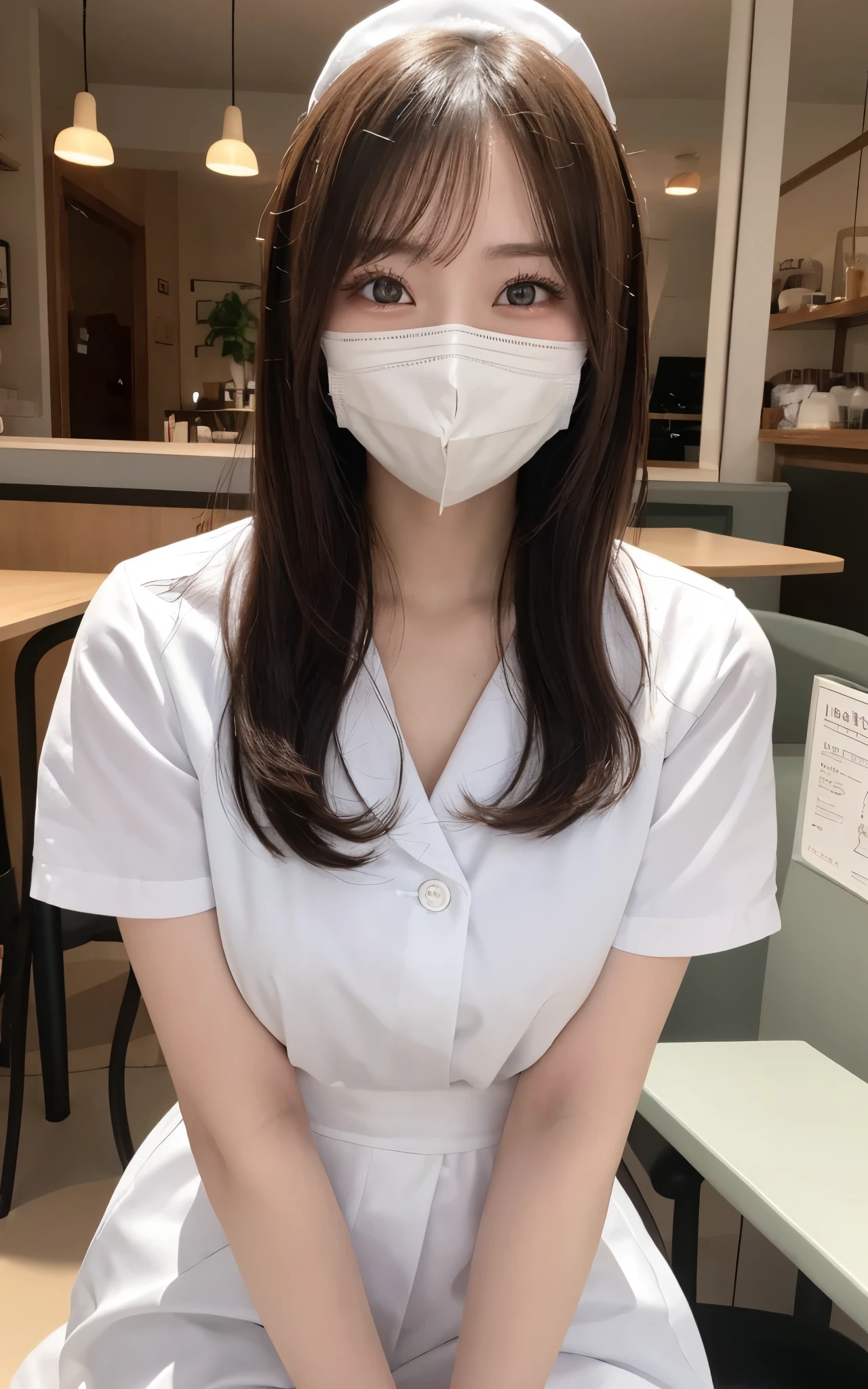 finely, High resolution, high quality、完璧なダイナミックな構shape, finelyて美しい目, Natural Makeup, Shibuya Ward、20-year-old girl、1 person、Clear Skin、Shiny Hair、、Tabletop, 最high quality, shape, Very detailed, finely, High resolution, 8K、Black Hair,, Blunt bangs, Side bangs ,Tentacles, Vine,, {Thin eyebrows:1.2}, blush,(Grin,Open your mouth),nurse, White Cosplay, nurse cosplay, nurse outfit, Are standing, hospital, Red Cross, (8K, RAW Photos, 最high quality, masterpiece:1.2), (Very detailed 8K 壁紙), 1 Girl, (alone:1.2),Photo of a Japan actress at the age of 20,mouth mask,Seductive pose、Showing off her luxury panties、