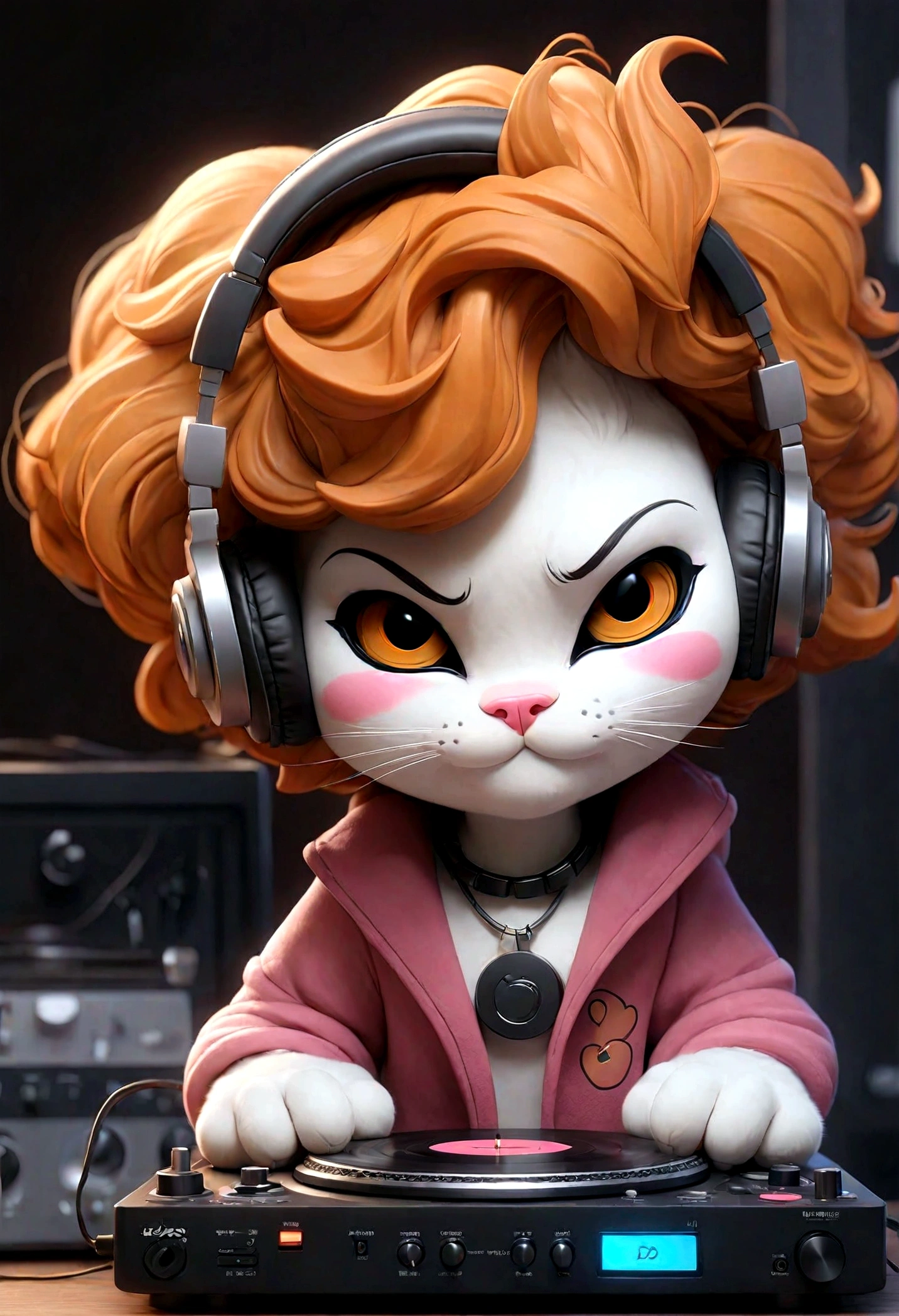 ３Cute female cat DJ in D-style drawing,Headphones and DJ turntables,smile,Bushy hair,looks fun,