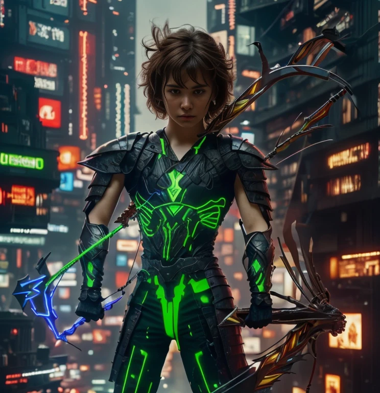 (ultra realistic,32k, masterpiece:1.2, UHD),(high detailed skin:1.1),( high quality:1.1), 1 boy, brown short hairs, brown eyes, green techno fantasy armor, cyberpunk, techno fantasy bow with energy arch,( energy arrows), caucasian race, light decourations