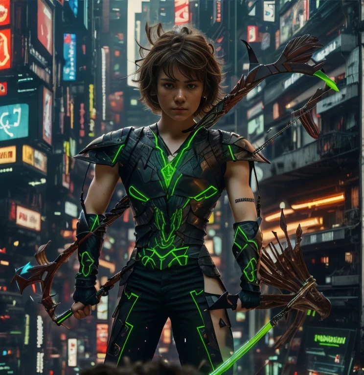 (ultra realistic,32k, masterpiece:1.2, UHD),(high detailed skin:1.1),( high quality:1.1), 1 boy, brown short hairs, brown eyes, green techno fantasy armor, cyberpunk, techno fantasy bow with energy arch,( energy arrows), caucasian race, light decourations