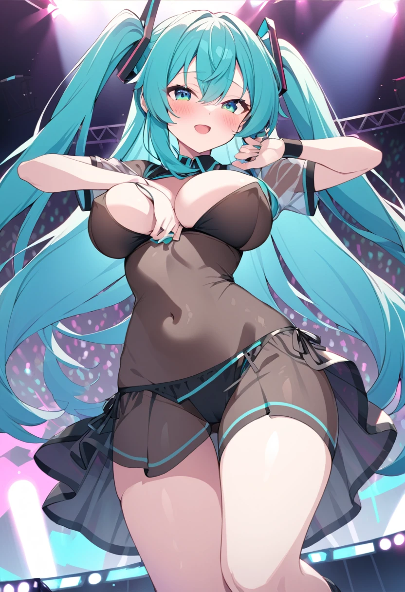 hatsune miku, aqua hair, twin talls, large breasts,, Live Stage, , solo, nsfw ,nipple, See Through uniform,