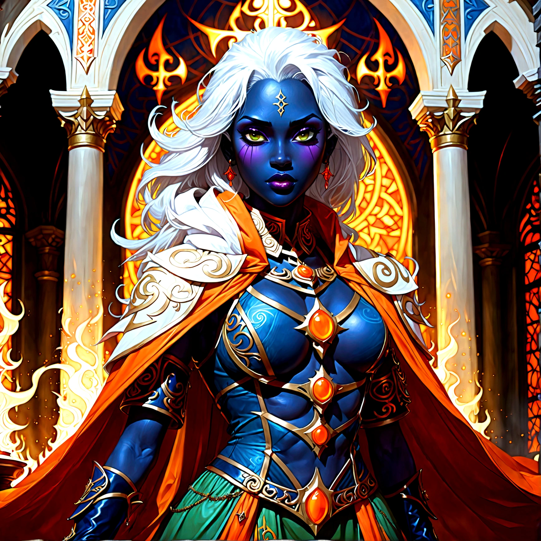 fantasy art, dnd art, RPG art, wide shot, (masterpiece: 1.4) a (portrait: 1.3) intense details, highly detailed, photorealistic, best quality, highres, portrait a female (fantasy art, Masterpiece, best quality: 1.3) ((blue skin: 1.5)), intense details facial details, exquisite beauty, (fantasy art, Masterpiece, best quality) cleric, ((dark blue skin: 1.5)) female, ((white hair: 1.5)), long hair, (((no ears: 1.5))), (green eyes: 1.3), armed with a fiery sword red fire, wearing (twilight priestly combat vestments: 1.5), wearing high heeled laced boots, wearing an (orange cloak:1.3), wearing glowing holy symbol GlowingRunes_yellow, within fantasy temple background, reflection light, high details, best quality, 16k, [ultra detailed], masterpiece, best quality, (extremely detailed), close up, ultra wide shot, photorealistic, RAW, fantasy art, dnd art, fantasy art, realistic art,((best quality)), ((masterpiece)), (detailed), perfect face, Cinematic Hollywood Film style