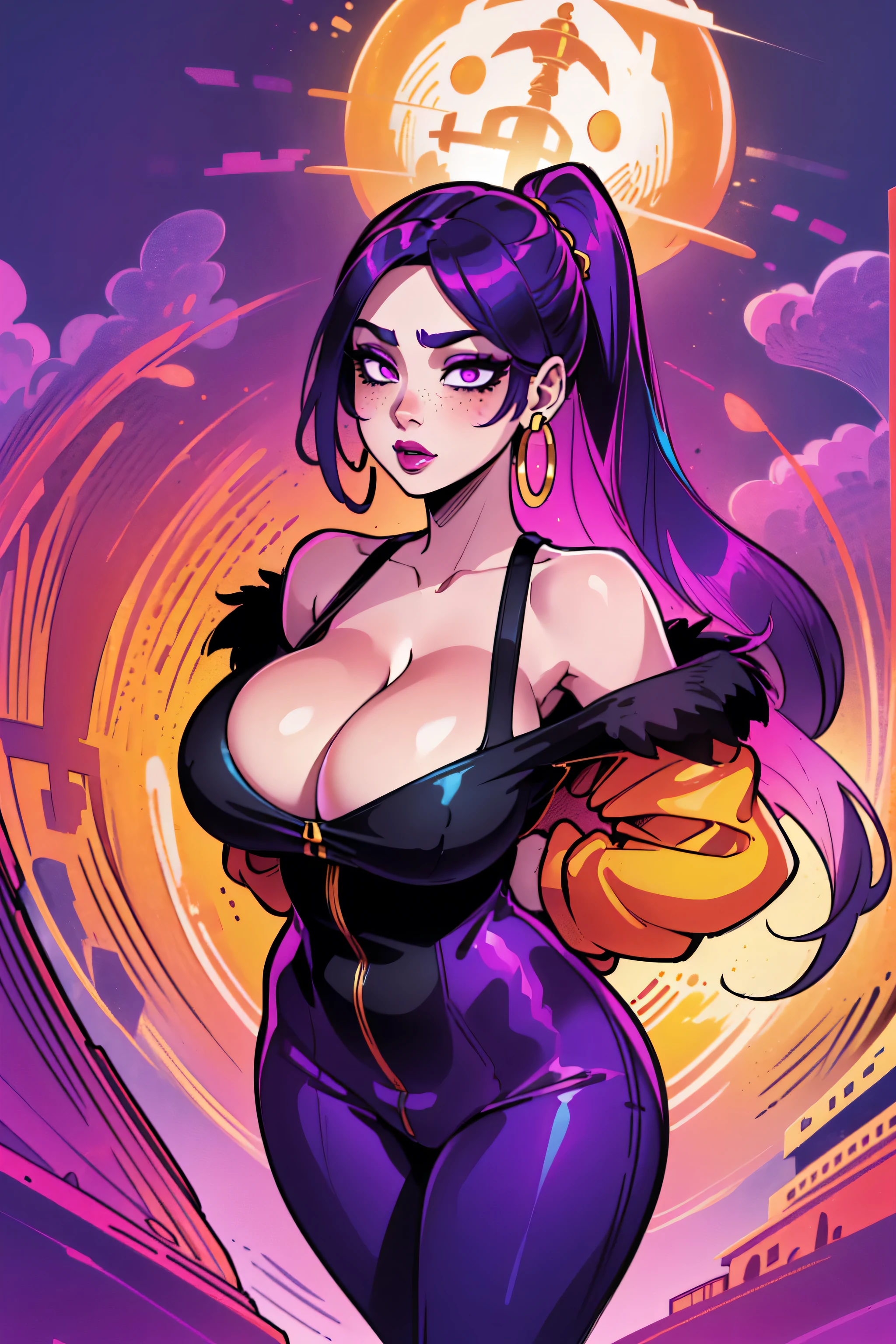 l1s4fr4nk Fr3ckles, freckles, purple maroon hair, medium breasts, multicolored, (Thick body:1.35), (Sexy outfit:1.7), (Off shoulder:1.3), (exposed breasts:1.1), (Cleavage:2.0) ((solo, 1woman, (dark purple eyes, purple hair, long hair), lipstick, Extremely detailed, ambient soft lighting, 4k, perfect eyes, a perfect face, perfect lighting, a 1girl)), ((solo, (1woman, lipstick), Extremely detailed, ambient soft lighting, 4k, perfect eyes, a perfect face, perfect lighting, a 1girl)), , ((fitness,, shapely body, athletic body, toned body)), ((gold hoop earring, purple jacket, red tank top, black leggings, white sneakers, road, night, milky way, lamppost, streetl)), loraeyes