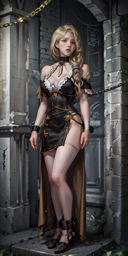 1girl, Mercedes von Martritz from Fire Emblem (masterpiece, best quality), intricate details, 1girl, 1girl in, age19, Solo, Long hair, Colossal, Looking at Viewer, blond hair, (standing full body toe to head by wooden pole:1.2) iron collar, arms behind back, iron cuffs, shackles, bound, harness, o-ring, happy red cheeks, chain leash collar choker neck bell shackles wristbands bracers bracelets, cleave gag, sad face, red cheeks, cryings tears, painful (she was sold and betrayed by her own family after been hitted on face) (inflammations swollen face 😢 💔 😞 😭) 