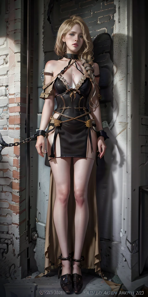 1girl, Mercedes von Martritz from Fire Emblem (masterpiece, best quality), intricate details, 1girl, 1girl in, age19, Solo, Long hair, Colossal, Looking at Viewer, blond hair, (standing full body toe to head by wooden pole:1.2) iron collar, arms behind back, iron cuffs, shackles, bound, harness, o-ring, happy red cheeks, chain leash collar choker neck bell shackles wristbands bracers bracelets, cleave gag, sad face, red cheeks, cryings tears, painful (she was sold and betrayed by her own family after been hitted on face) (inflammations swollen face 😢 💔 😞 😭) 