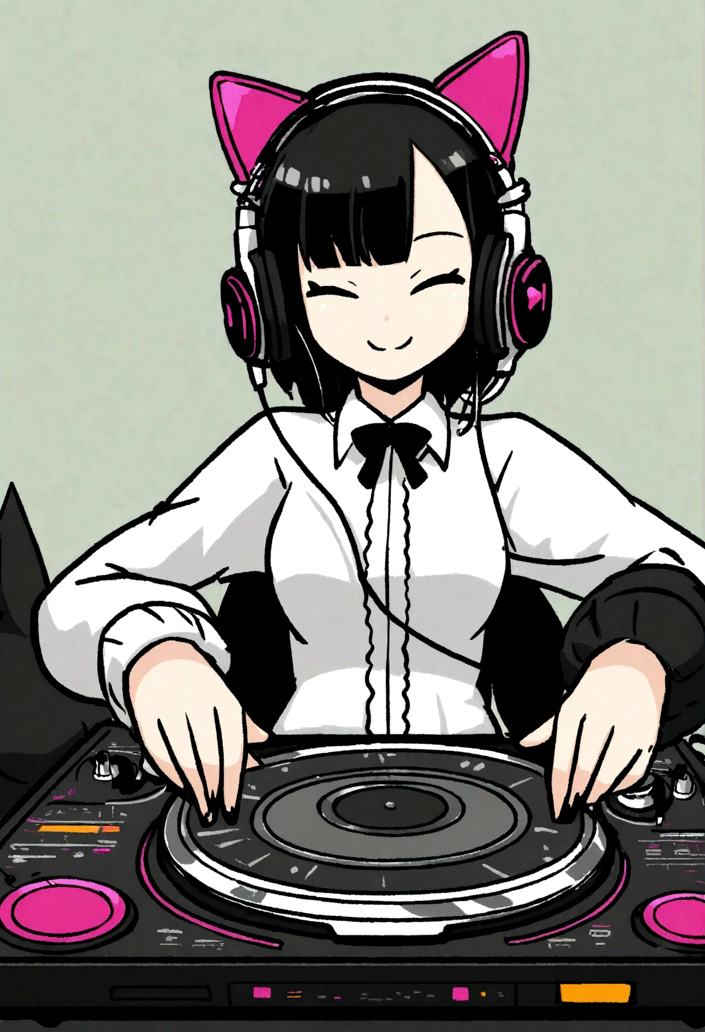 3Cute female cat DJ in D-style drawing,Headphones and DJ turntables,Smile,Bushy,