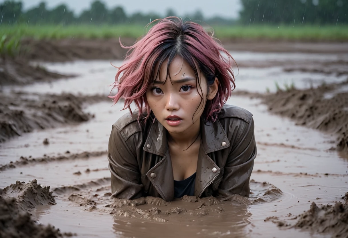 8k, ultra-detailed, from afar view:1.5, documentary drama photo, grainy film photo, masterpiece,muted colors, muffled light, dusk, rainy, moody, noir, drowning, woman messy head completely drown in mud hole, shame expression, messy muddy pink brunette hair, depraved outfit,asian:0.5, from above view, faded leather jacket,,