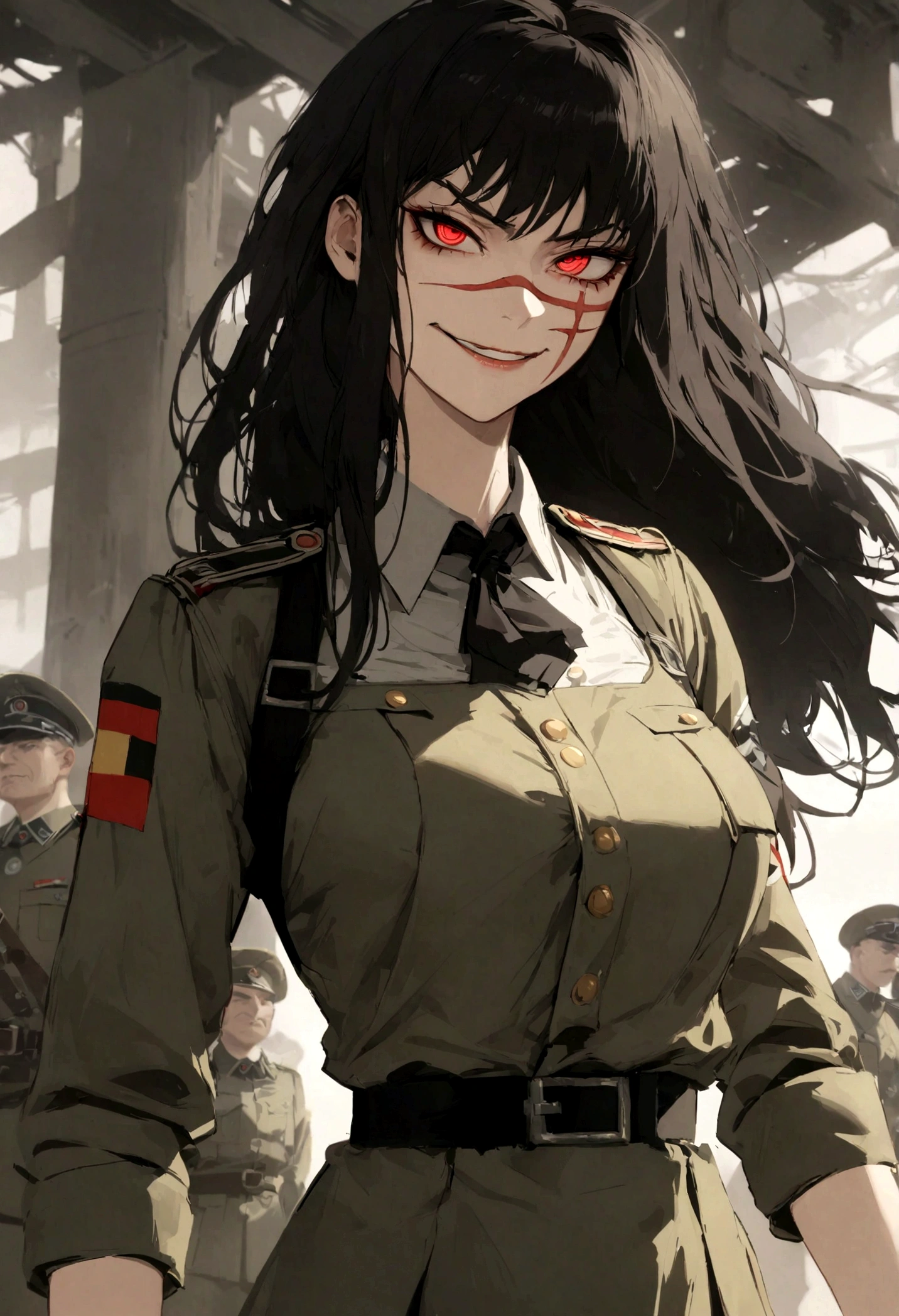 Girl, Yoru, WWII German military uniform, evil smile, piercing red eyes, large breast