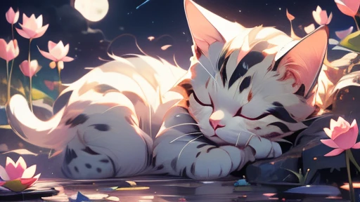 In this ultra-detailed CG illustration, Adorable calico kitten sleeping amongst magical lotus flowers, highest quality, High resolution, Intricate details, Fantasy, Cute Animals,Beautiful background,He has his eyes closed and is sleeping comfortably,full moon