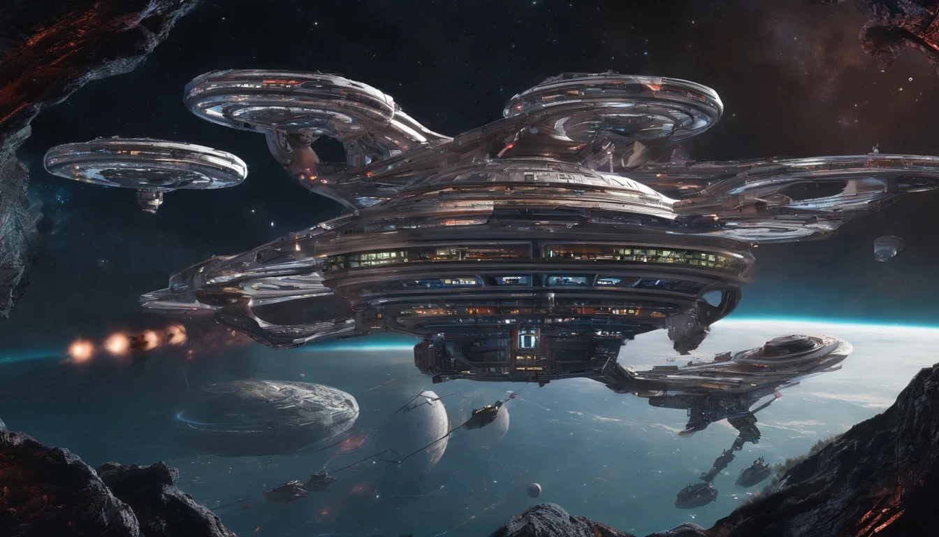 Steampunk castle 750,750,750,750,000 sq ft hybrid planet, canvas splattered with metallic gold,luminescent forest green, & red matte, melds into a Saturn-size-Earth hybrid, Larry Niven, Arthur C Clarke.The space station is massively bigger than Babylon 5, but in the shape of Deep Space 9. The space station has 6 O'Neal Class space stations off in 5 different equilateral directions, & 1 down the middle. It has its own ecosystem, generates its own power, & is located in a binary star system. There are hundreds of starships going to & fro, from the station, at any hour of the day. The station is in the center of the foreground. There are many stars, a nebula, and a comet, in the background. (((Use the following styles:conceptual art, protovision,3d render, architecture, portrait photography, cinematic, diamond crystal, alien, Leonardo Da Vinci, Arthur C. Clarke, &Larry Niven))). (((1 million HD Resolution, isometric art, insane symmetrical details)))., 3d render, cinematic, vibrant, portrait photography, architecture, conceptual art