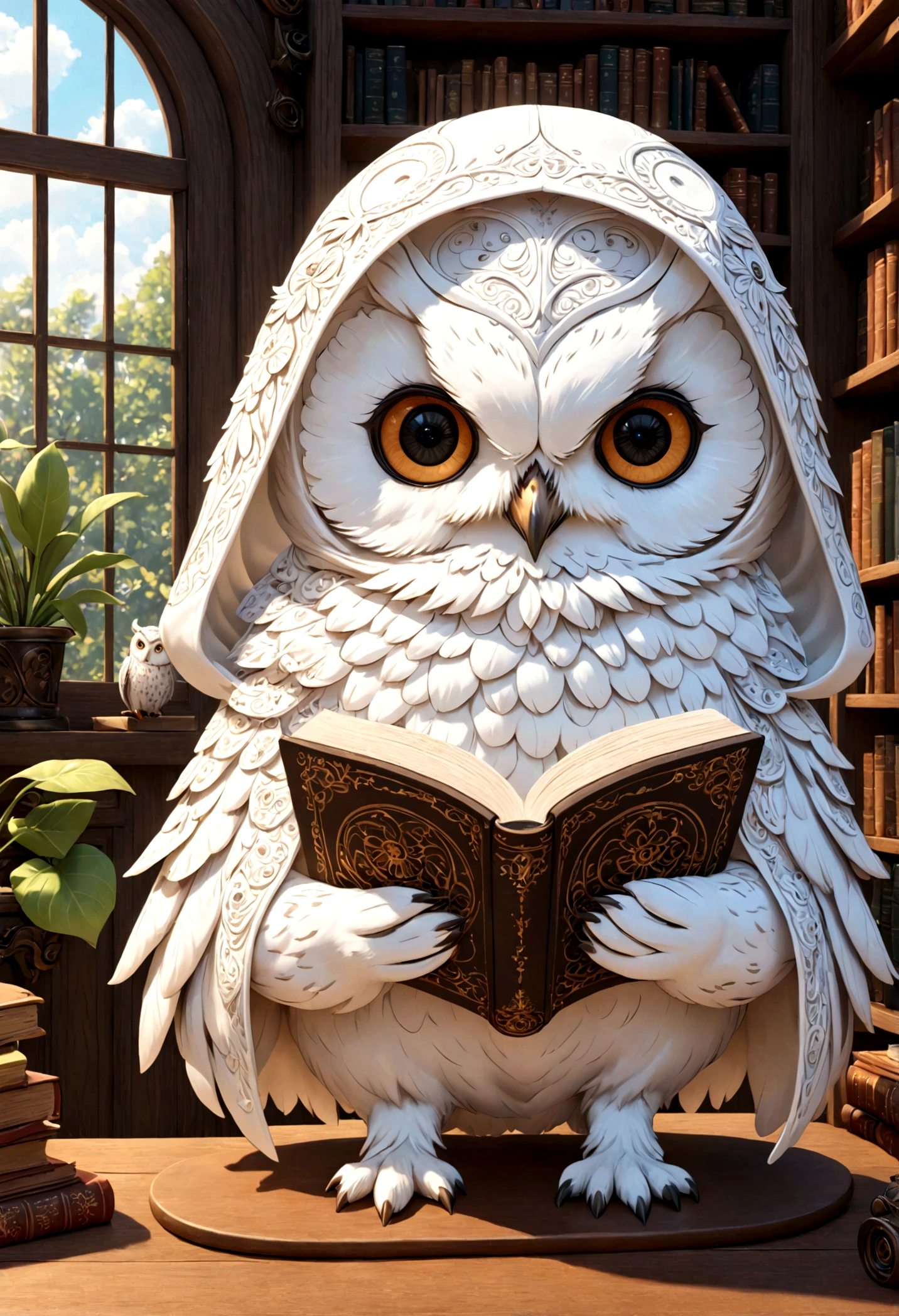  A vibrant fantasy-like illustration of a cute white owl in a white hood reading a book at the table, created in a hyper-detailed animation style( Perfect anatomical structure )Background laboratory calm and peaceful very cute white owl is reading a book cartoon 3d style   (masterpiece),逼真的masterpiece (best quality), (Ultra-high detail)

                   Very cute white owl doll stunning artwork super detailed digital art