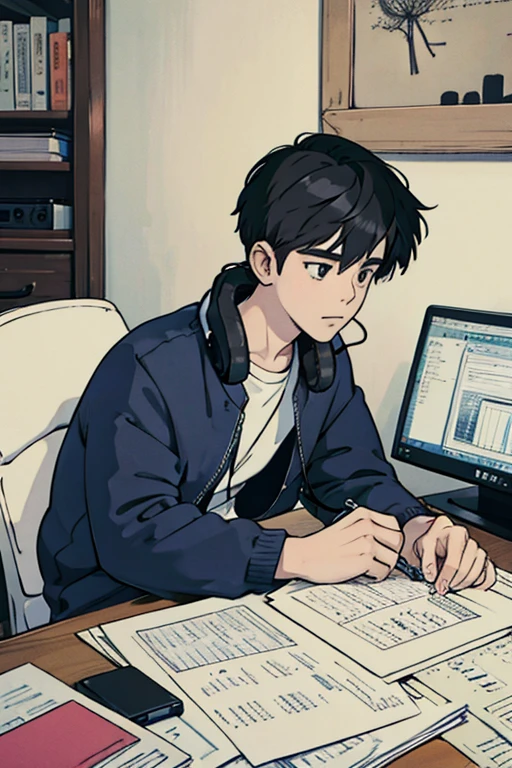 Drawing of a boy listening to music with headphones
