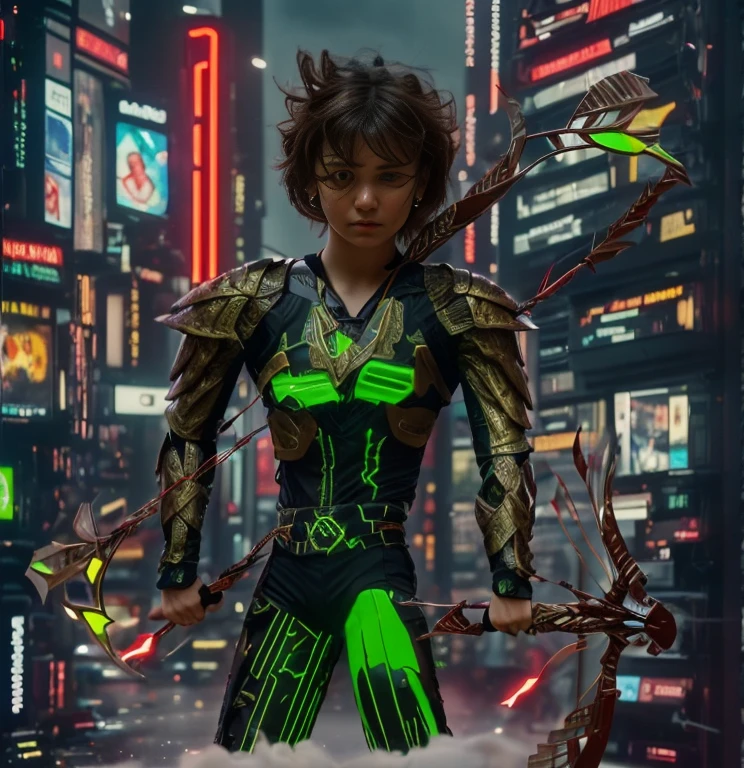 (ultra realistic,32k, masterpiece:1.2, UHD),(high detailed skin:1.1),( high quality:1.1), 1 boy, brown short raw cut hairs, brown eyes, green techno fantasy armor, cyberpunk, techno fantasy bow with ((energy bow arch)),((energy arrows)), caucasian race, light decourations, 18 years old