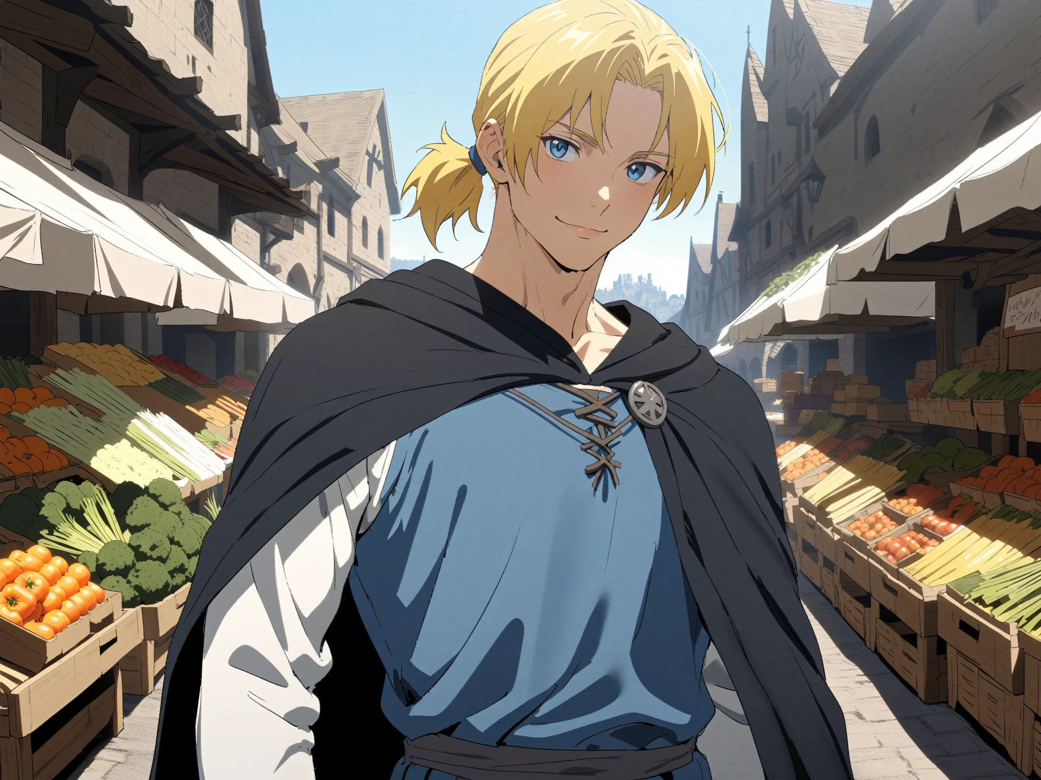 {{upper body}} {{Artist: Sincos}} muscular male, solo, tall, lean, handsome, blonde hair, short hair, high ponytail, short ponytail, straight hair, blue eyes, smile, closed mouth, lips, standing, looking at viewer, outdoors, market, blue tunic, white sleeves, black cloak, medieval fantasy.