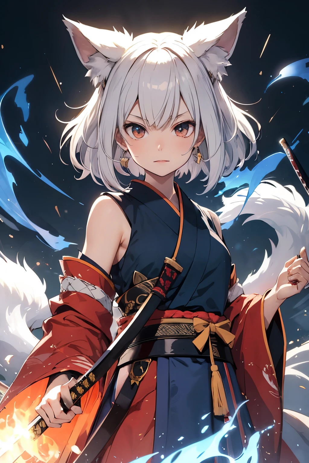 kitsune,katana,blue fire magic