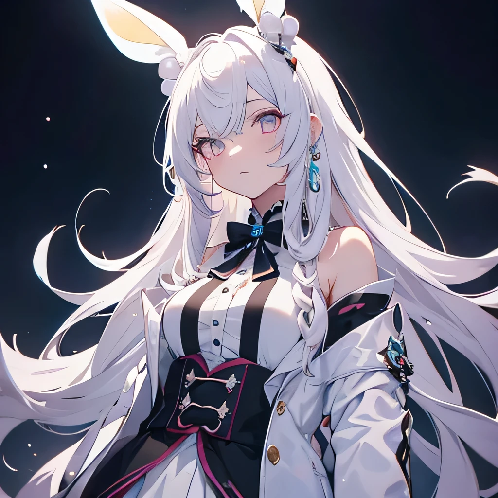 genshin impact, girl, original character, make her inspired off of a sea bunny and make her look ethereal. bunny ears, pearls in hair, lots of accessories, pretty color palette, detailed outfit, high quality, pretty eyes, pearls, jewelry, pearls, pearls in hair, hydro vision, long white hair. reference pictures. HALF BODY. GIVE HER SHORTS. NO SKIRT.  dark atmosphere. make her have ropes around her body and make her look tired alone in a dark room. FOR THE OUTFIT, GIVE HER AN OVERSIZED LAB COAT. HALF BODY ONLY NOT FILLY BODY, HALF BODY, HALF BODY, HALF BODY.