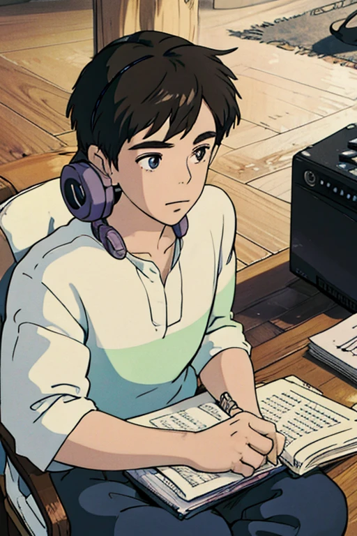 Drawing of a boy listening to music with headphones