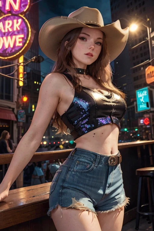 Image Prompt: A lively scene on Lower Broadway, with honky-tonk bars playing live country music, cowboy boots, and neon lights. Show a mix of historic homes, trendy lofts, and music venues. Include the AT&T building (the "Batman Building") towering over the skyline.AI-generated Female Model: She's a Southern belle with exaggerated features, sporting a voluptuous hourglass figure. She's dressed in a sequined cowboy hat, a fringed leather jacket over a bedazzled crop top, denim cutoff shorts, and knee-high cowboy boots. Her makeup is bold, with winged eyeliner and bright red lipstick.