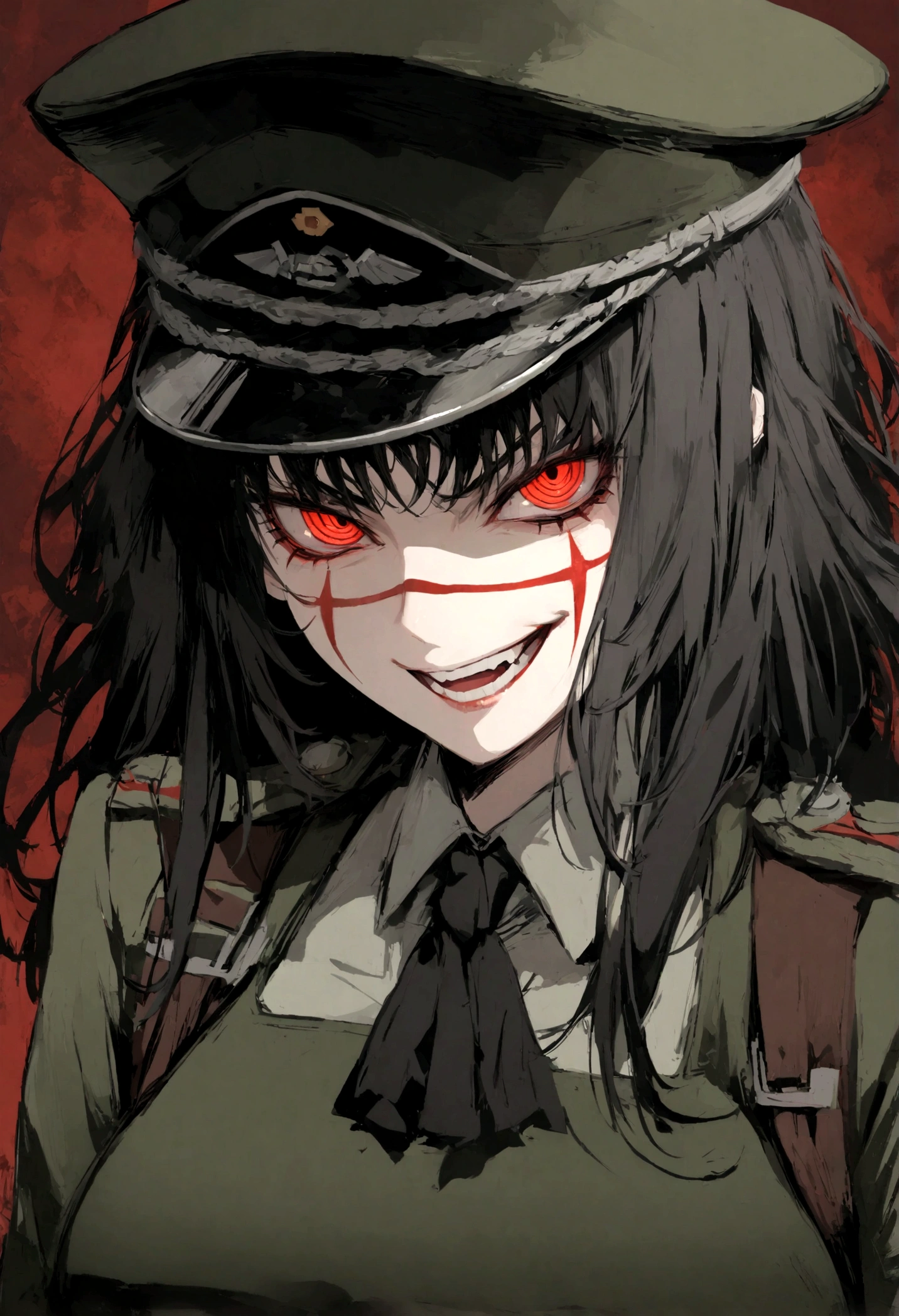 Girl, Yoru, WWII German military uniform, evil smile, piercing red eyes, ringed eyes, open jacket ,large breast, military hat