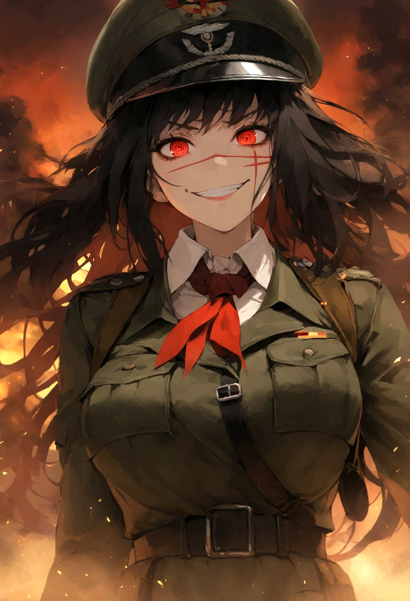 Girl, Yoru, WWII German military uniform, evil smile, piercing red eyes, ringed eyes, open jacket ,large breast, military hat