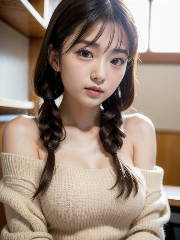 highest quality, Face Focus, Soft Light, Ultra-high resolution, (Realistic:1.4), RAW Photos,
1 Japanese girl, alone, cute, (student, Light enters the eyes),  beautiful, Detailed face, (Small breasts),(High resolution details of the human face.),
(Low Twintails),
University lecture room,
Large knit、Off the shoulder,Black underwear、blush、
(Portraiture)、Low - Angle、 Focus