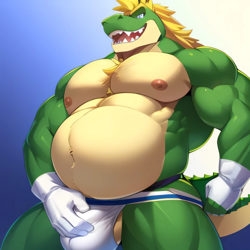 Solo, full frontal, full body, detailed bulge, bid balls, light green jockstrap, muscular belly, expanding belly, muscular man, pleased, needy expression, expanding bulge, enlarged breasts. Man, giant, with teeth, green crocodile, long blonde hair, bright blue eyes, white short gloves, cumming, sexy pose, nsfw