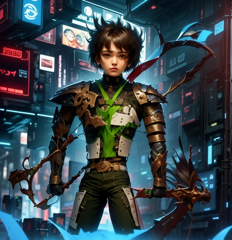 (ultra realistic,32k, masterpiece:1.2, UHD),(high detailed skin:1.1),( high quality:1.1), 1 boy, brown short raw cut hairs, brown eyes, green techno fantasy armor, cyberpunk, techno fantasy bow with ((energy bow arch)),((energy arrows)), caucasian race, light decourations, 18 years old 