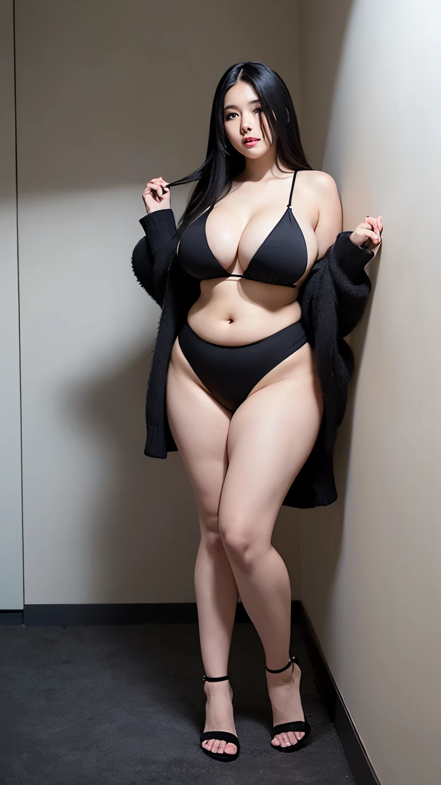 Chubby 20 year old woman with beautiful body and long straight black hair, en ropa interior bikinis blancos con negro, looking front on full body with big buttocks and big breasts
