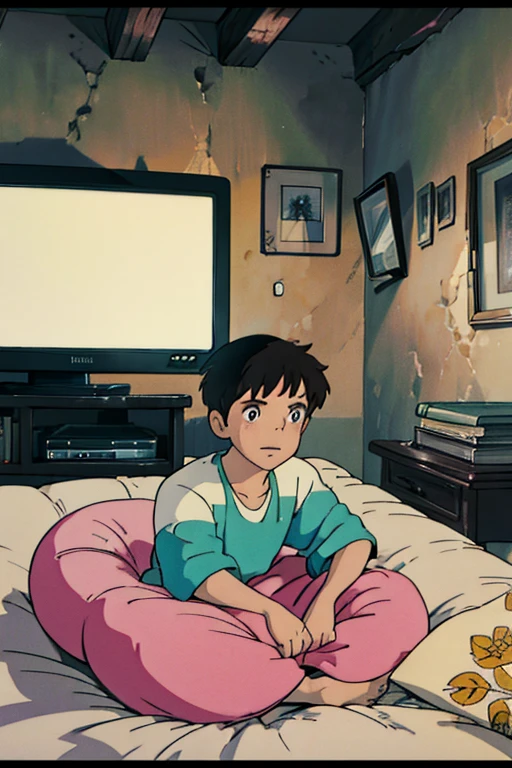 Desenho de um garoto assistindo filme na TV do seu quarto