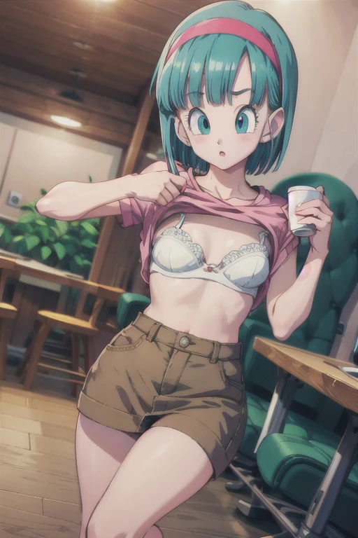 masterpiece, highest quality, High resolution, Dragon Ball, Bloomers、Slim Body、{front}、Open your legs a little、Aqua Hair, Medium Hair, Blunt bangs, Red Hairband, Medium chest,Pencil Skirt, Denim mini skirt、Lift your shirt、White laceパンティ、White lace!bra、sneakers、loose socks、whole body、Cowboy Shot, indoor, Sitting in a chair, Holding a cup, coffee, Looking at the audience,Low - Angle