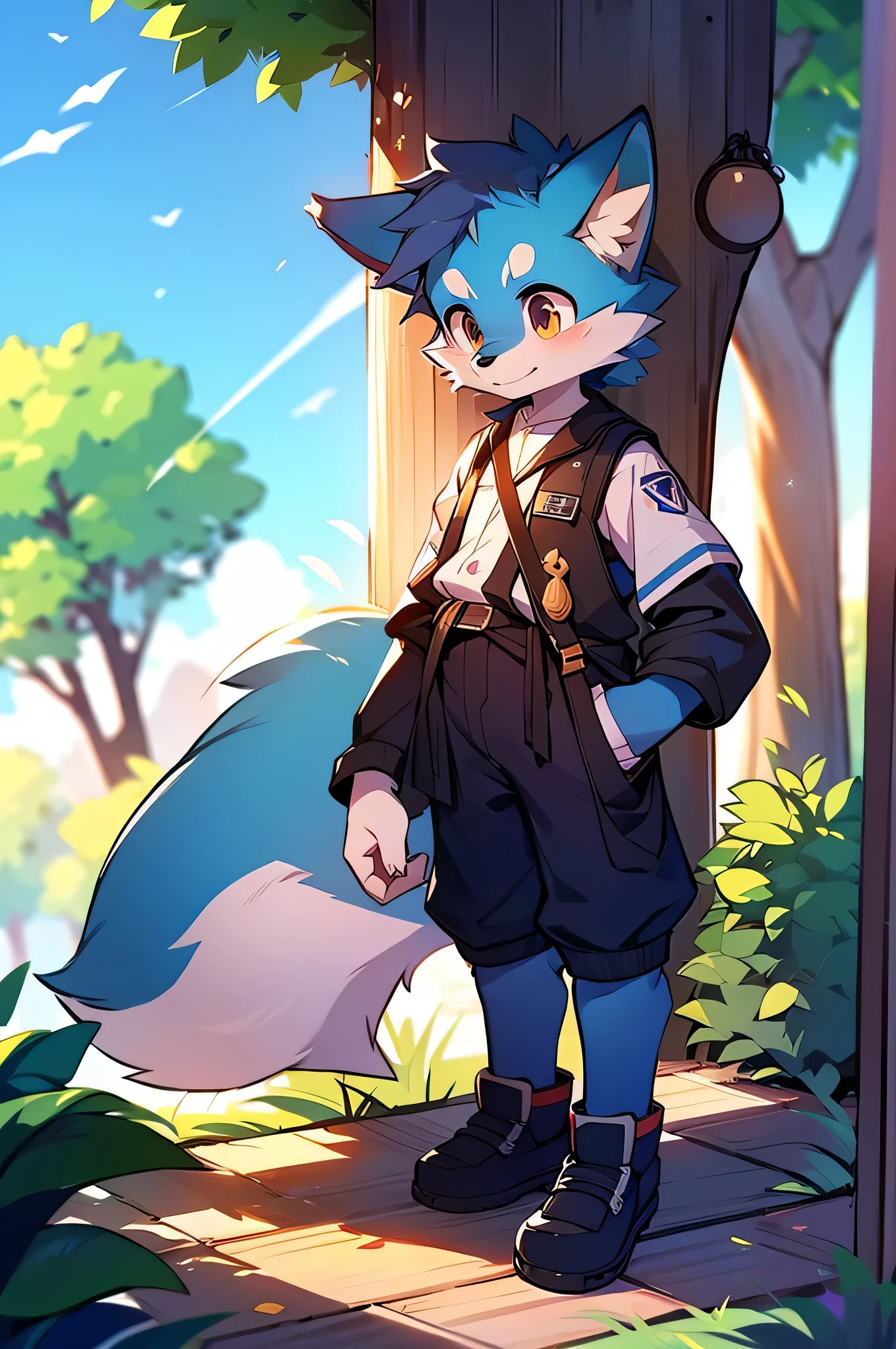 Blue fur, Canine, fox motif, boy, uniform,Tall,