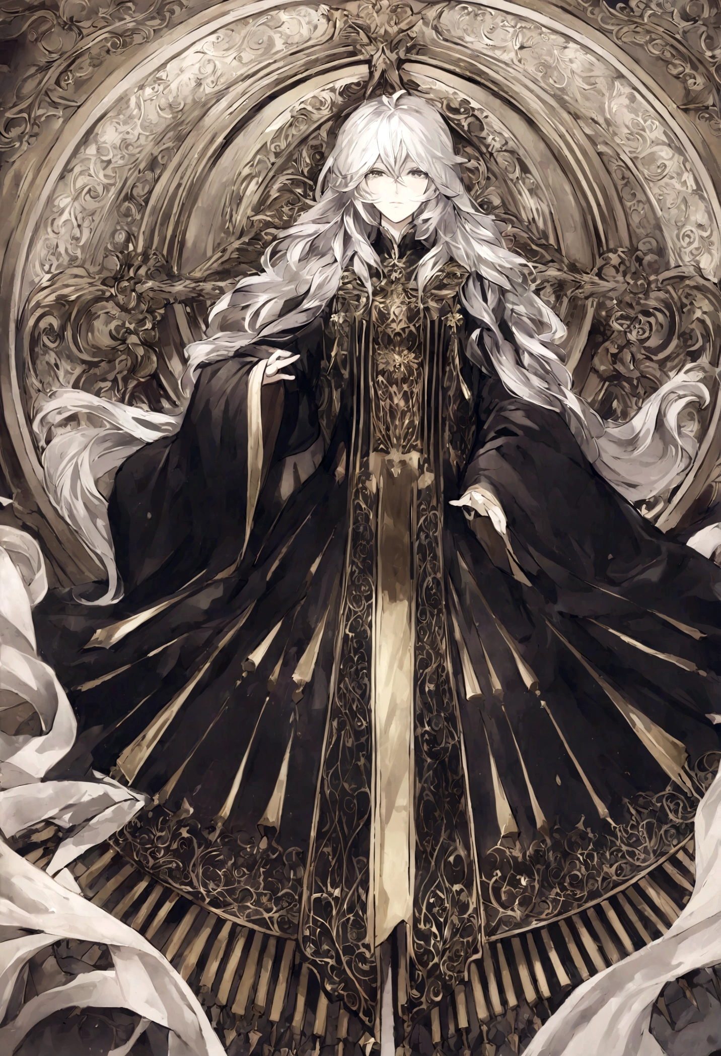 hair is silvery white,Drapery is free,It's like mercury raining down,The eyes are a beautiful grey。What he's wearing,An elegant black dress,The gold decoration on it、It shows indescribable dignity.,Like a wise man who pursues knowledge and truth。