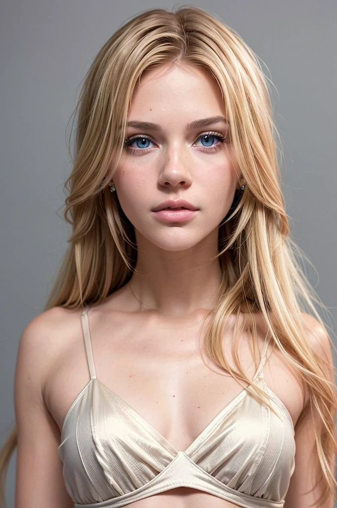 (40 years old)((Face of AlexiaThompson01R)). beautiful. perfect, blonde hair, medium hair, straight hair, blue eyes. (Location: gray wall, gray background). Vibrant Blue Eye. hair falling over one eye, emo bangs. perfect skin, white skin. thin nose, thin chin. fitness. ((full body, standing. front view)) (full naked)