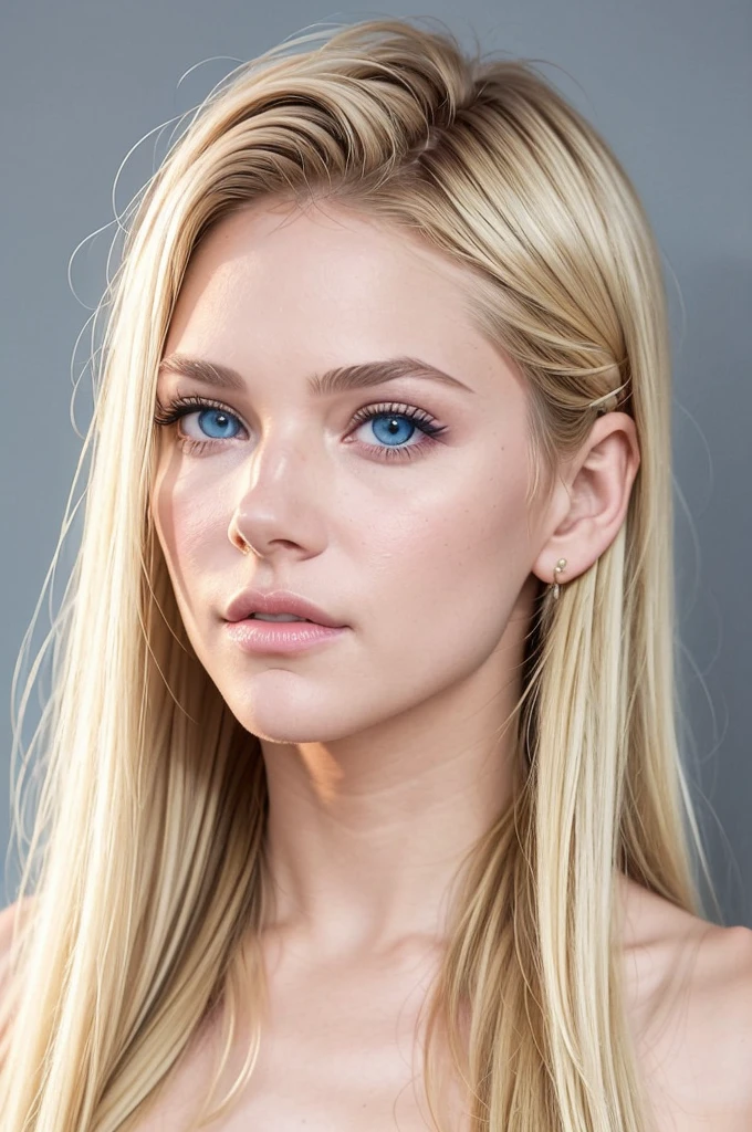 (40 years old)((Face of AlexiaThompson01R)). beautiful. perfect, blonde hair, medium hair, straight hair, blue eyes. (Location: gray wall, gray background). Vibrant Blue Eye. hair falling over one eye, emo bangs. perfect skin, white skin. thin nose, thin chin. fitness. ((full body, standing. front view)) (full naked)