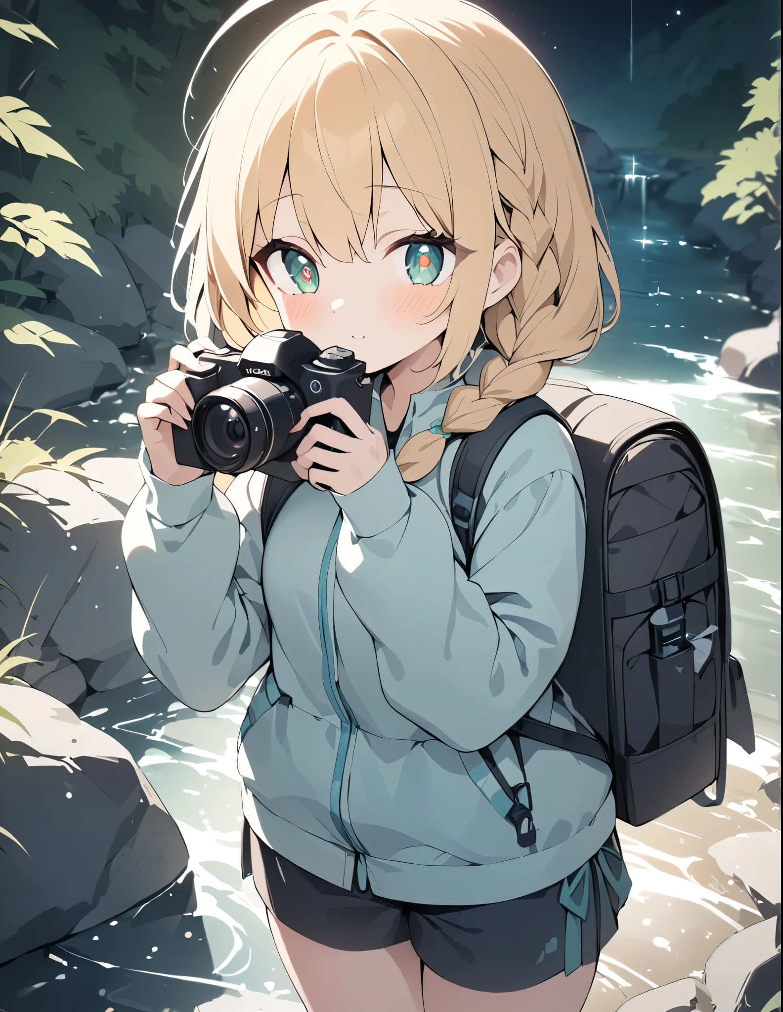 ((pale colour)),35mm, f/1.2, UHD, high details, best quality, highres, masterpiece、Blonde、Shortcuts、Emerald Eyes、cute、Braid、Taking pictures of the scenery with a camera、Girl Holding Camera、Hiking Clothing、Ruck sack、Light effects、Glittering rivers、Drooping eyes