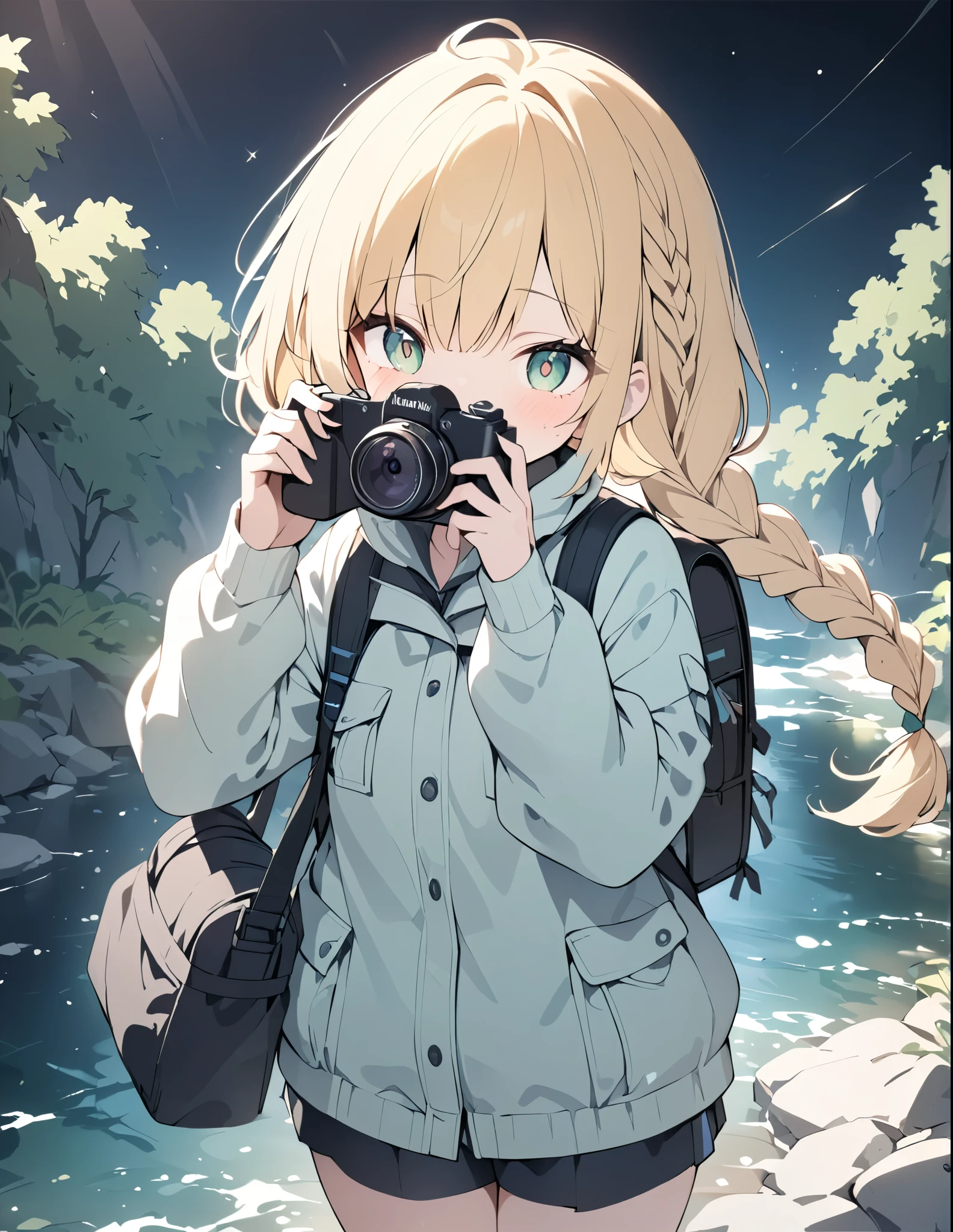 ((pale colour)),35mm, f/1.2, UHD, high details, best quality, highres, masterpiece、Blonde、Shortcuts、Emerald Eyes、cute、Braid、Taking pictures of the scenery with a camera、Girl Holding Camera、Hiking Clothing、Ruck sack、Light effects、Glittering rivers、Drooping eyes