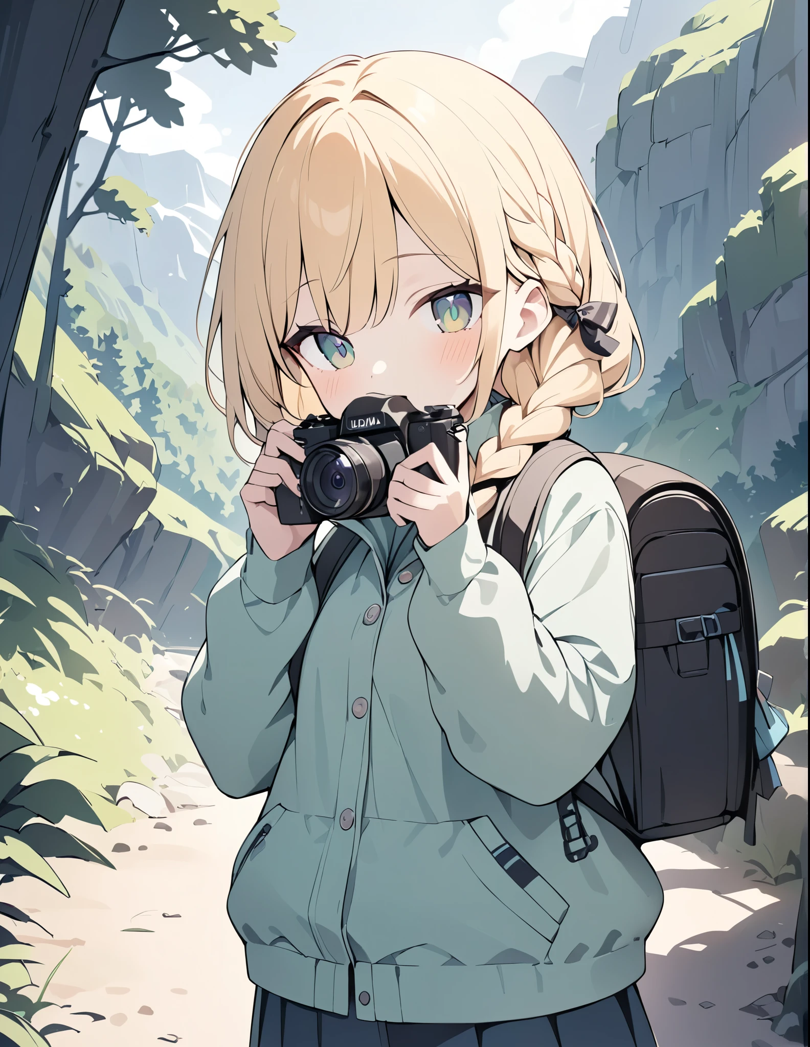 ((pale colour)),35mm, f/1.2, UHD, high details, best quality, highres, masterpiece、Blonde、Shortcuts、Emerald Eyes、cute、Braid、Taking pictures of the scenery with a camera、Girl Holding Camera、Hiking Clothing、Ruck sack