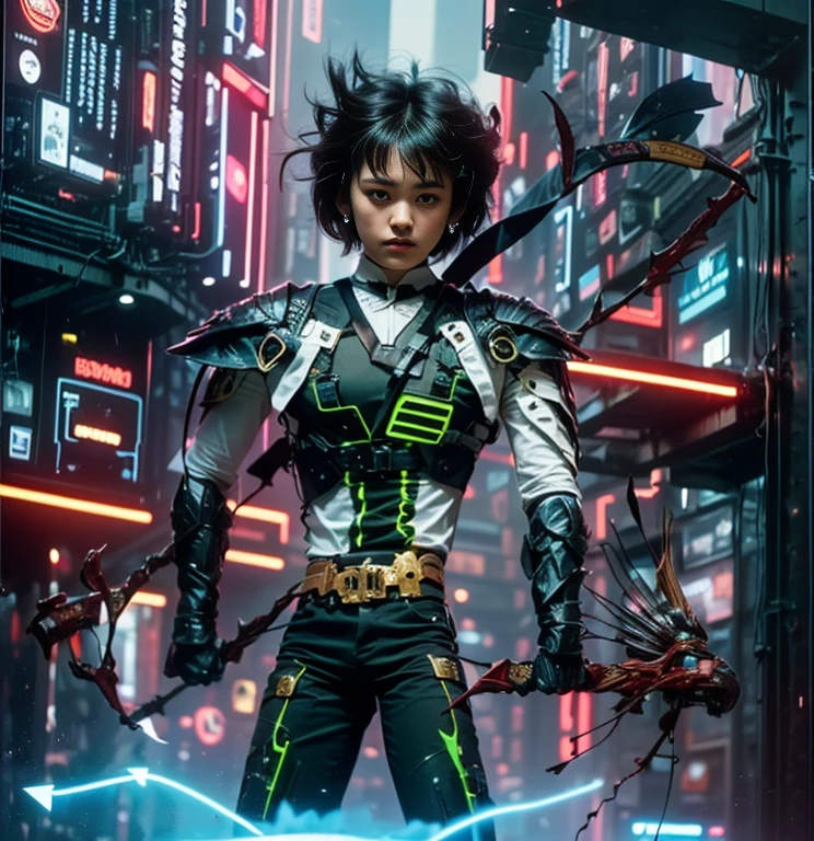 (ultra realistic,32k, masterpiece:1.2, UHD),(high detailed skin:1.1),( high quality:1.1), 1 boy, brown short raw cut hairs, brown eyes, green techno fantasy armor, cyberpunk, techno fantasy bow with ((energy bow arch)),((energy arrows)), caucasian race, light decourations, 18 years old 